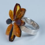 Beautiful Sterling Silver & Multicolored Amber Flower Ring