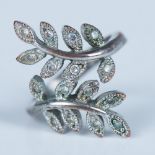 Lovely Silver Metal & Rhinestone Leaf Wrap Ring