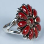Native American Sterling Silver & Coral Flower Ring