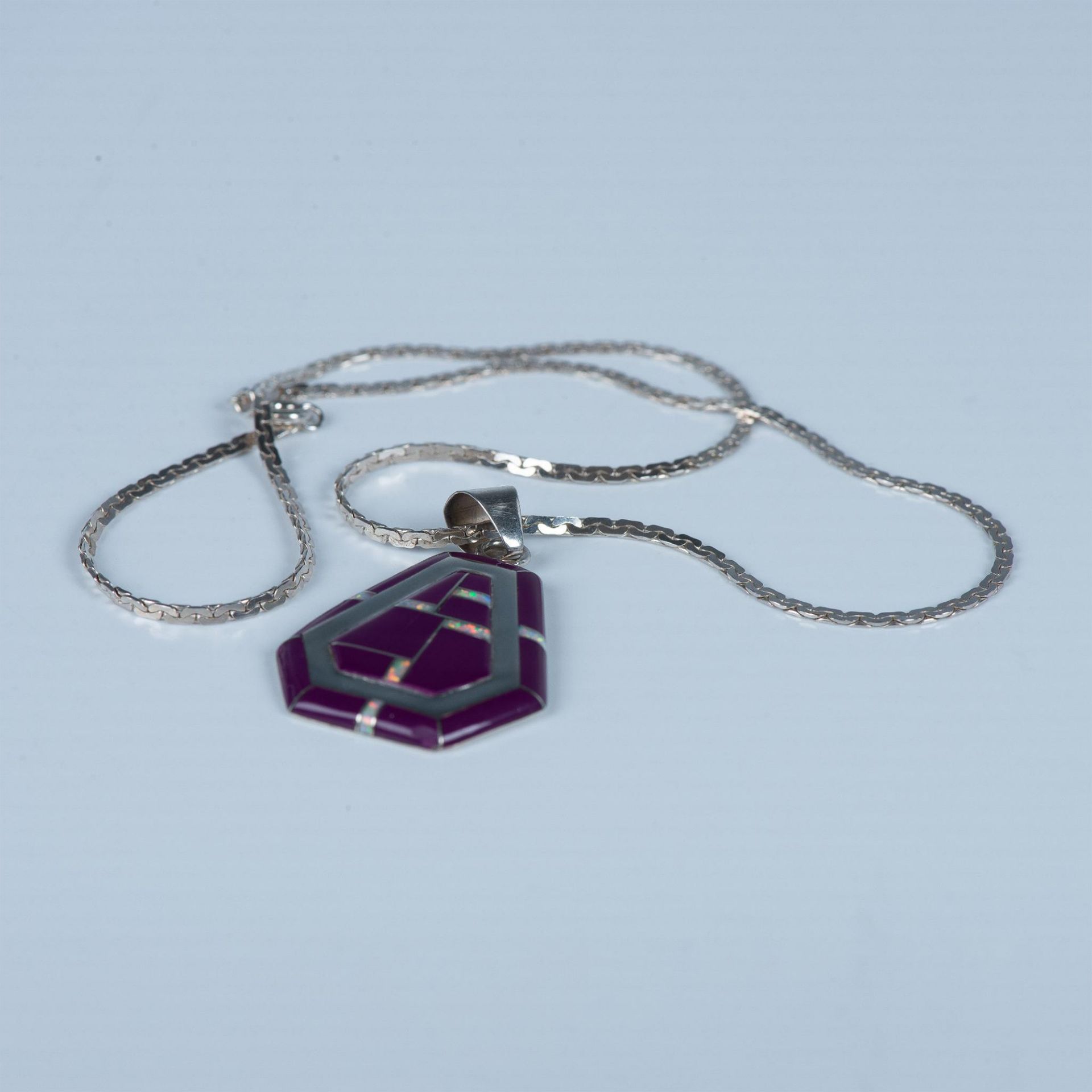 Cecil Sanders Navajo Sterling, Purple Enamel & Opal Necklace - Image 4 of 5