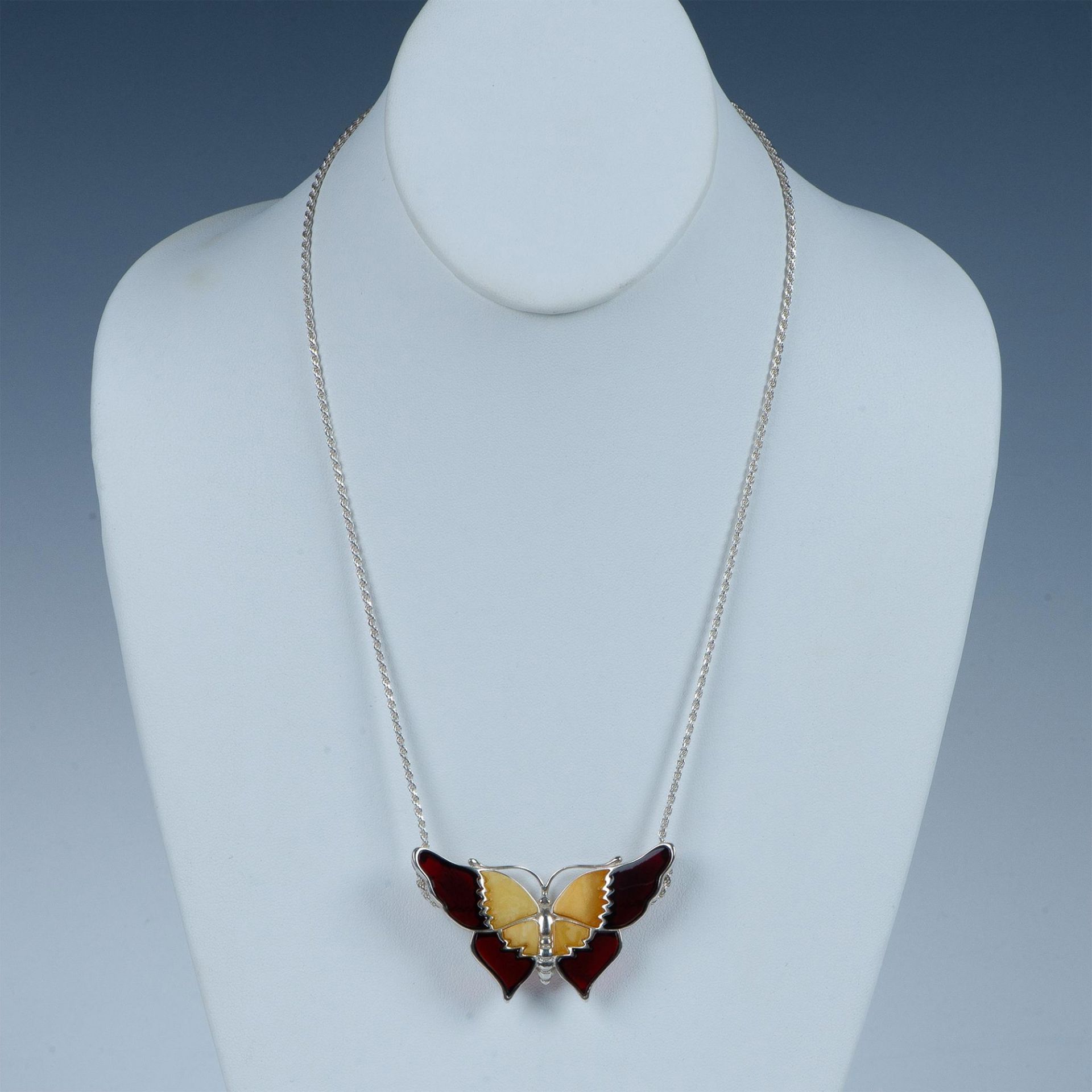 Gorgeous Sterling & Multicolor Amber Butterfly Necklace - Image 2 of 6