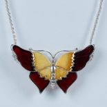 Gorgeous Sterling & Multicolor Amber Butterfly Necklace