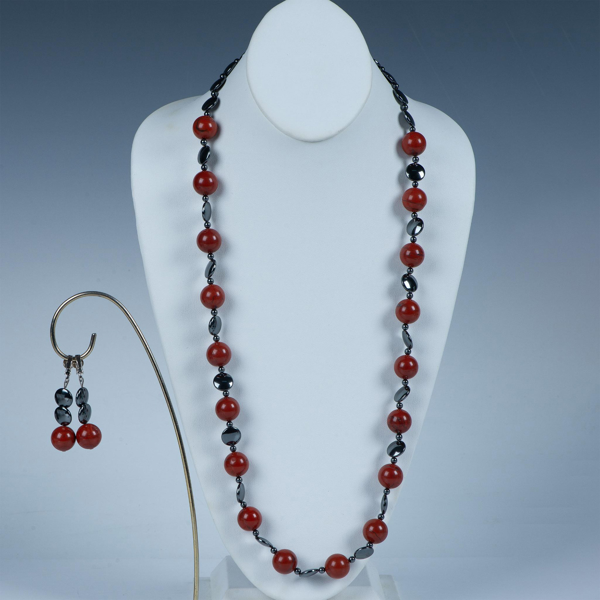 2pc Red Jasper and Hematite Beaded Necklace & Clip Earrings