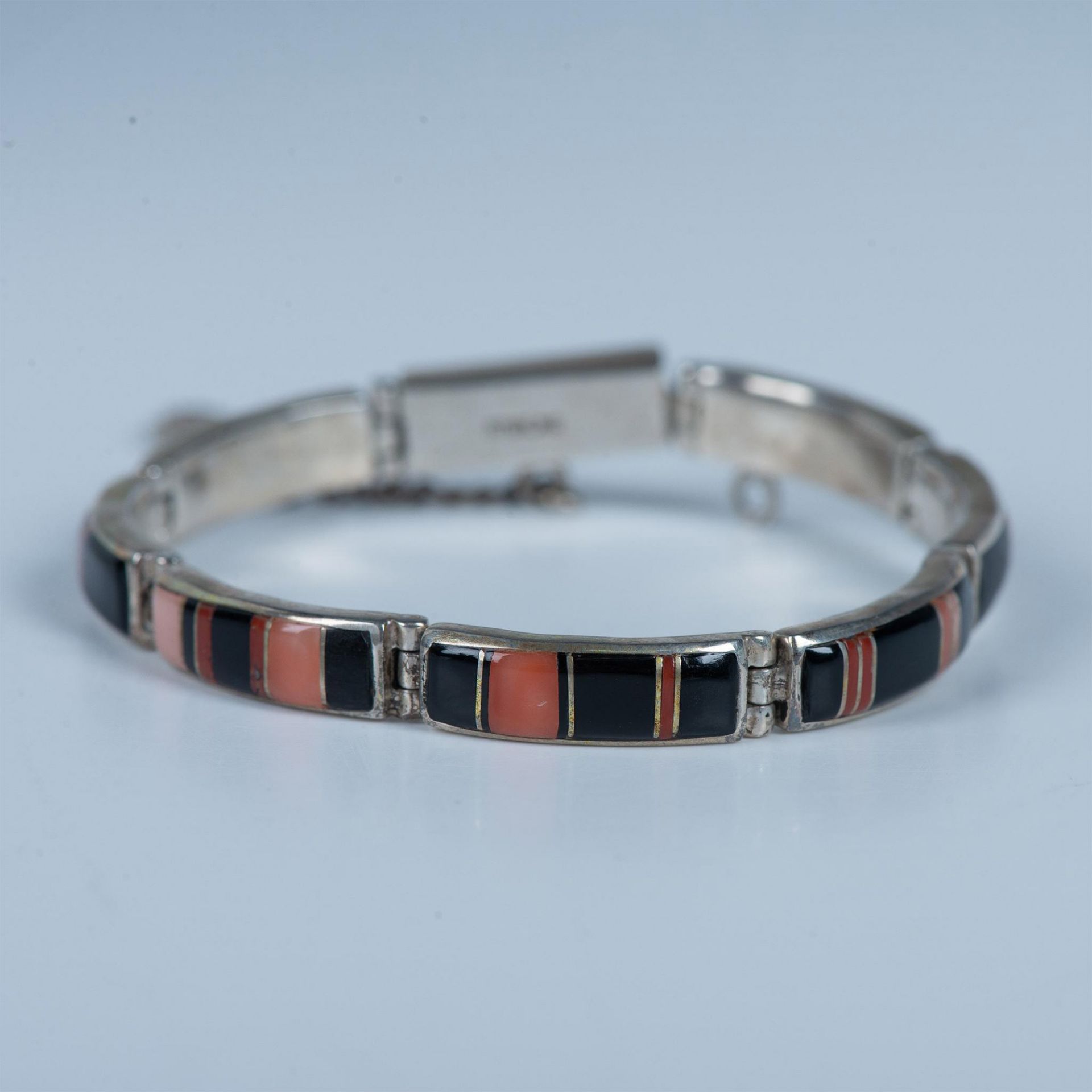 Chris Billie Navajo Onyx & Coral Inlay Sterling Bracelet - Bild 3 aus 5