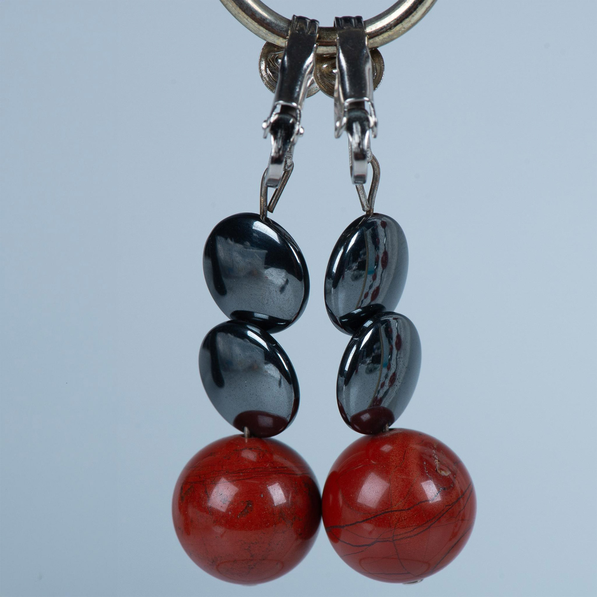 2pc Red Jasper and Hematite Beaded Necklace & Clip Earrings - Image 2 of 4