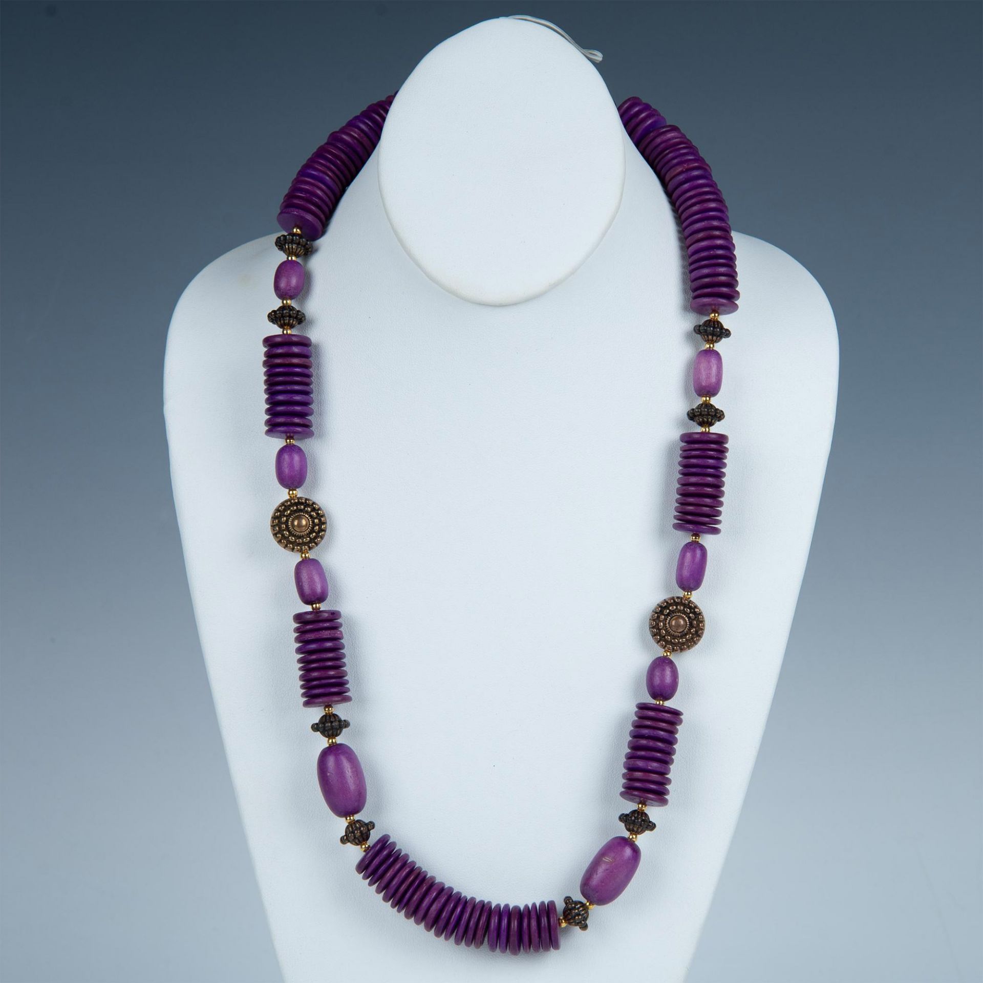 Beautiful Gold and Copper Tone Purple Wood Bead Necklace