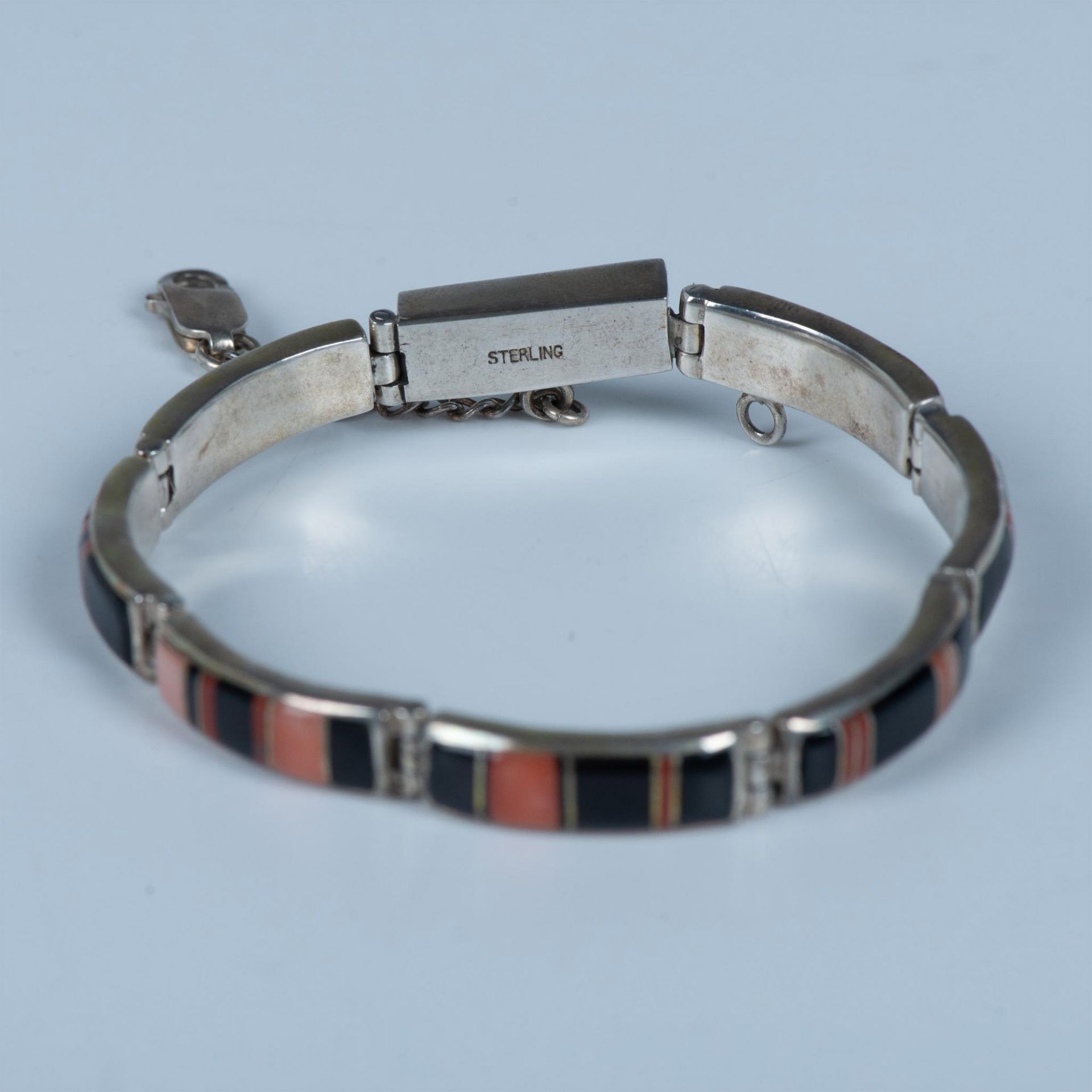 Chris Billie Navajo Onyx & Coral Inlay Sterling Bracelet