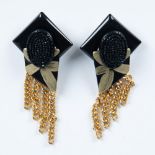 Betty Asch 80's Black & Gold Lucite Clip-On Earrings, Signed