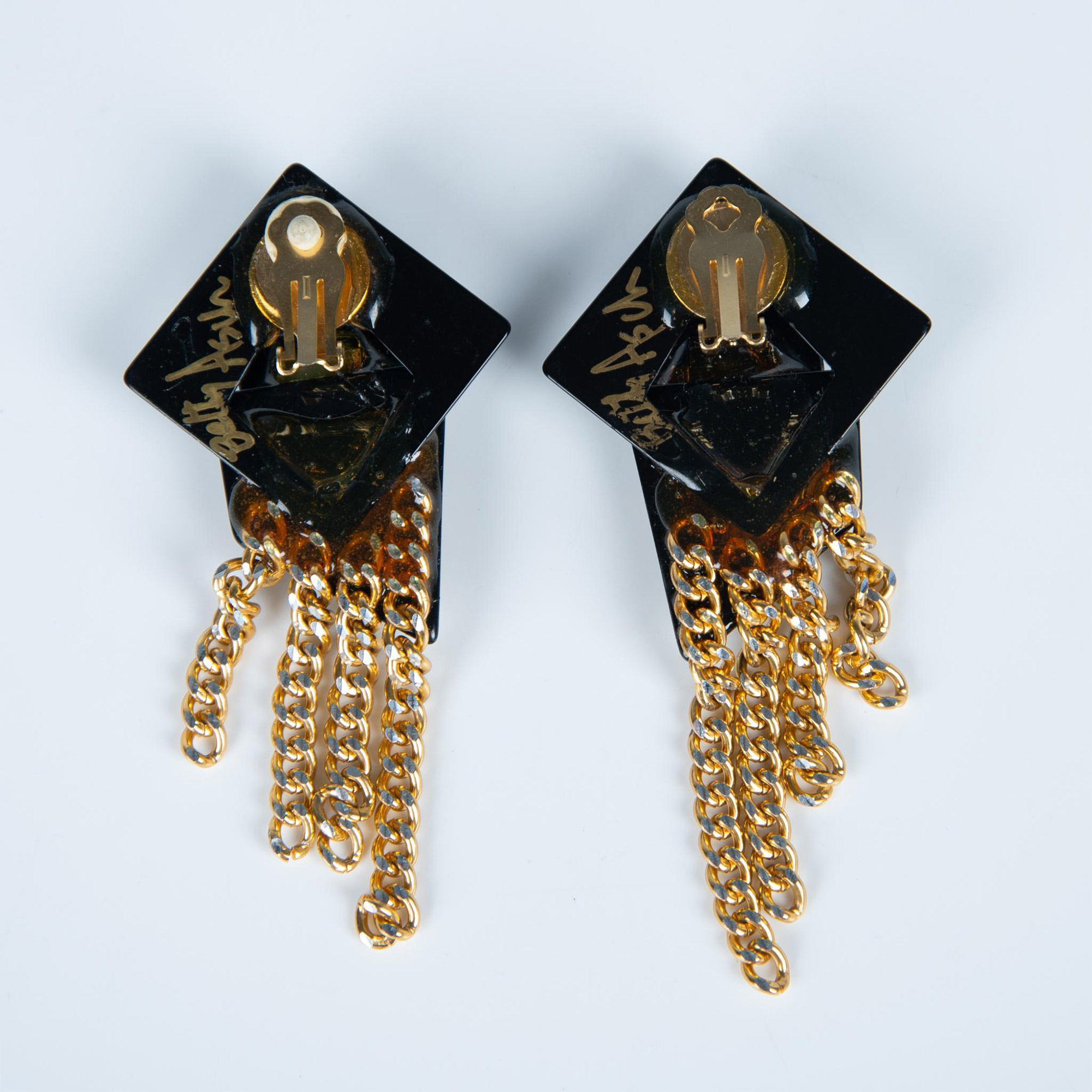 Betty Asch 80's Black & Gold Lucite Clip-On Earrings, Signed - Image 2 of 3