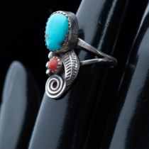 Cute Native American Sterling Silver, Coral & Turquoise Ring