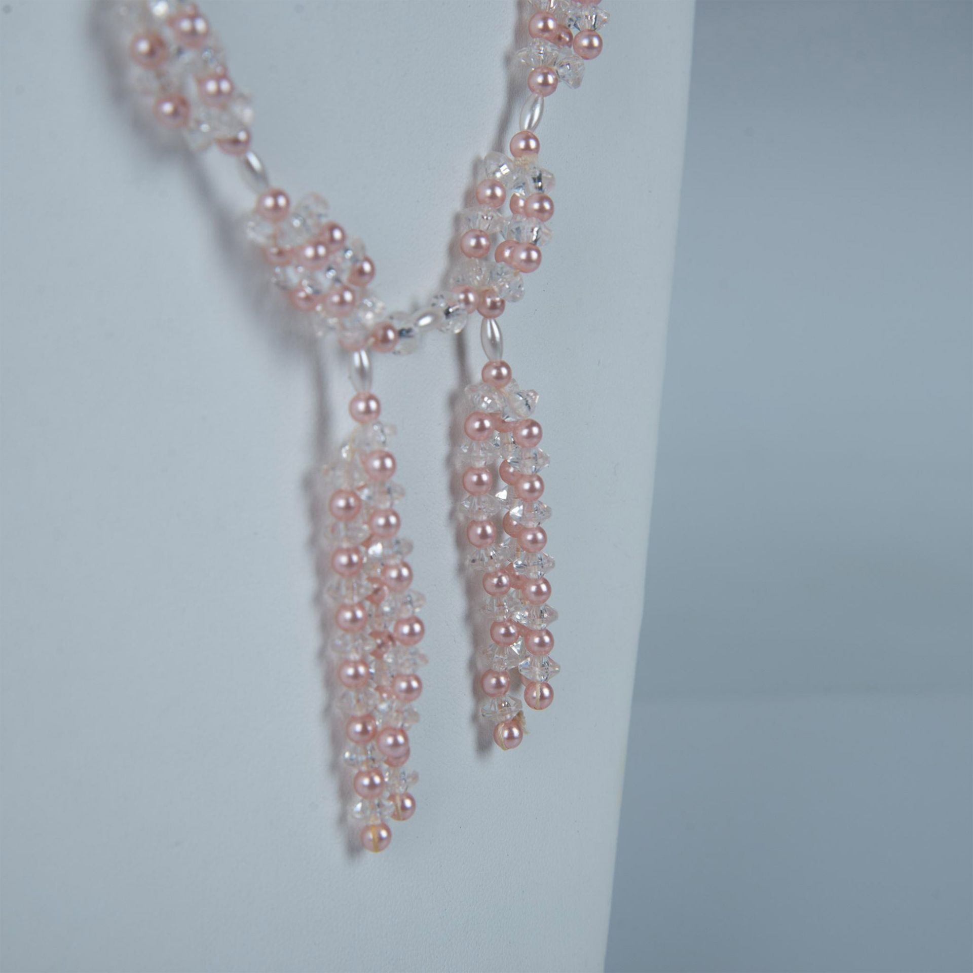 Cute Long Pink & White Faux Pearl Beaded Tassel Necklace - Image 2 of 3