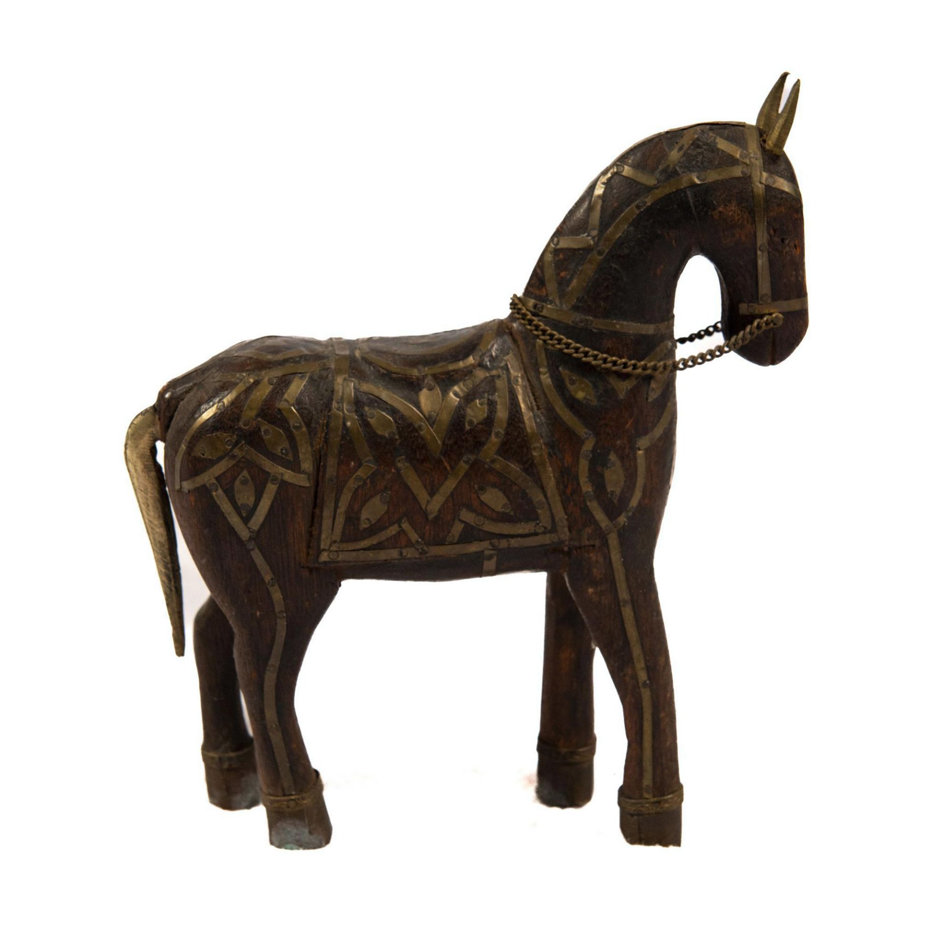 Rajasthani Indian Wooden War Horse, Brass Inlay - Image 3 of 4