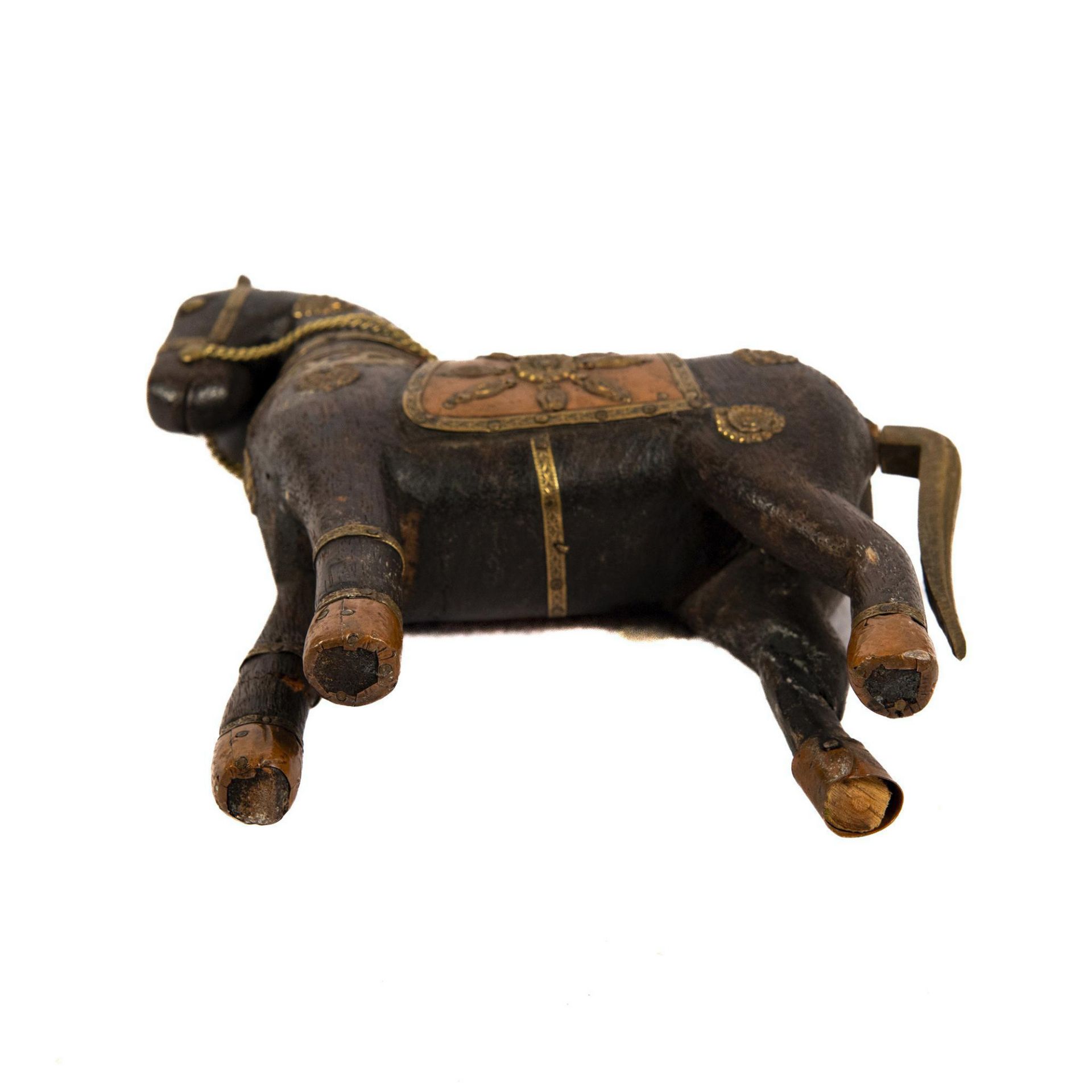 Rajasthani Indian Wooden War Horse, Brass & Copper Accents - Bild 4 aus 4