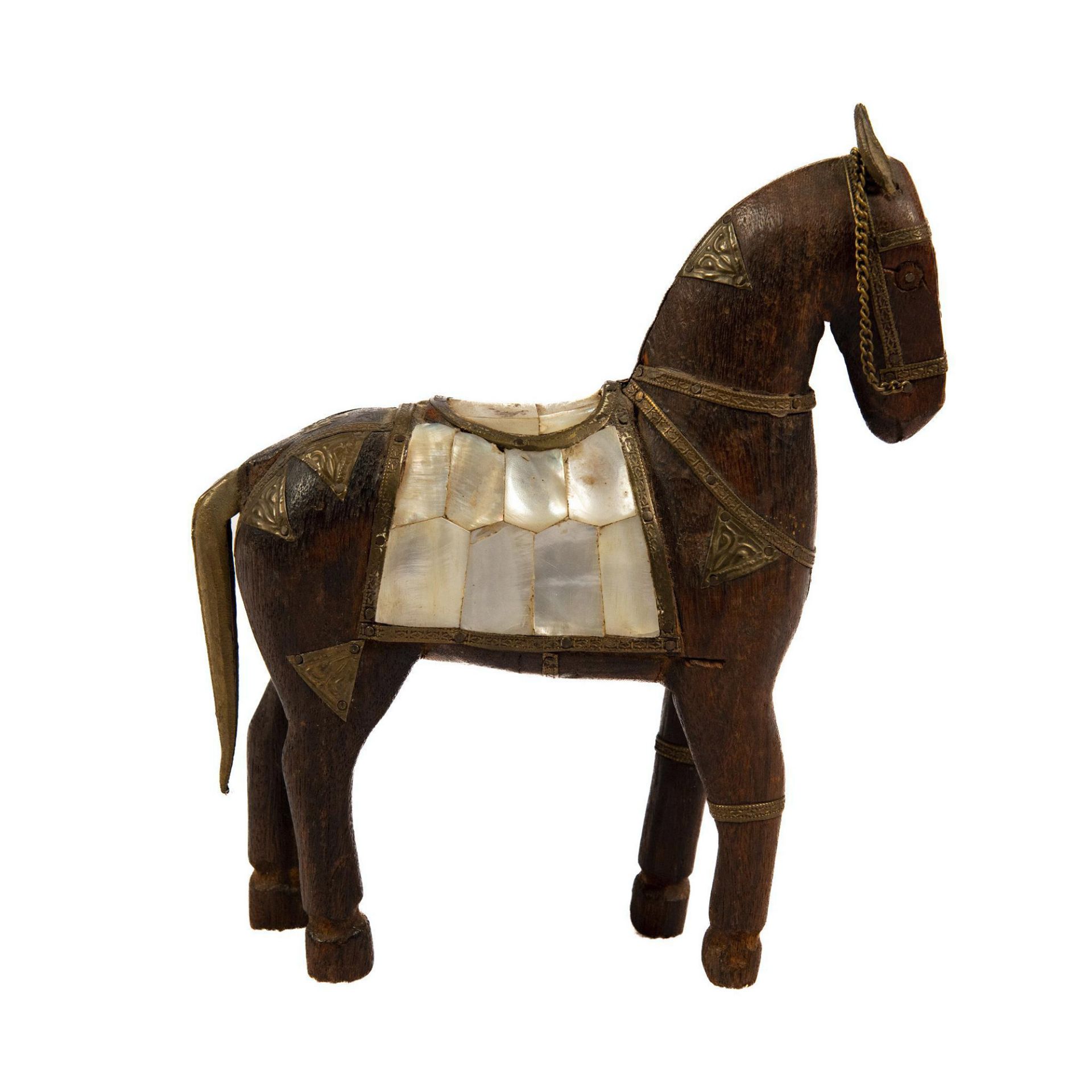Vintage Wood, Brass, & Mother-of-Pearl War Horse Carving - Image 3 of 4