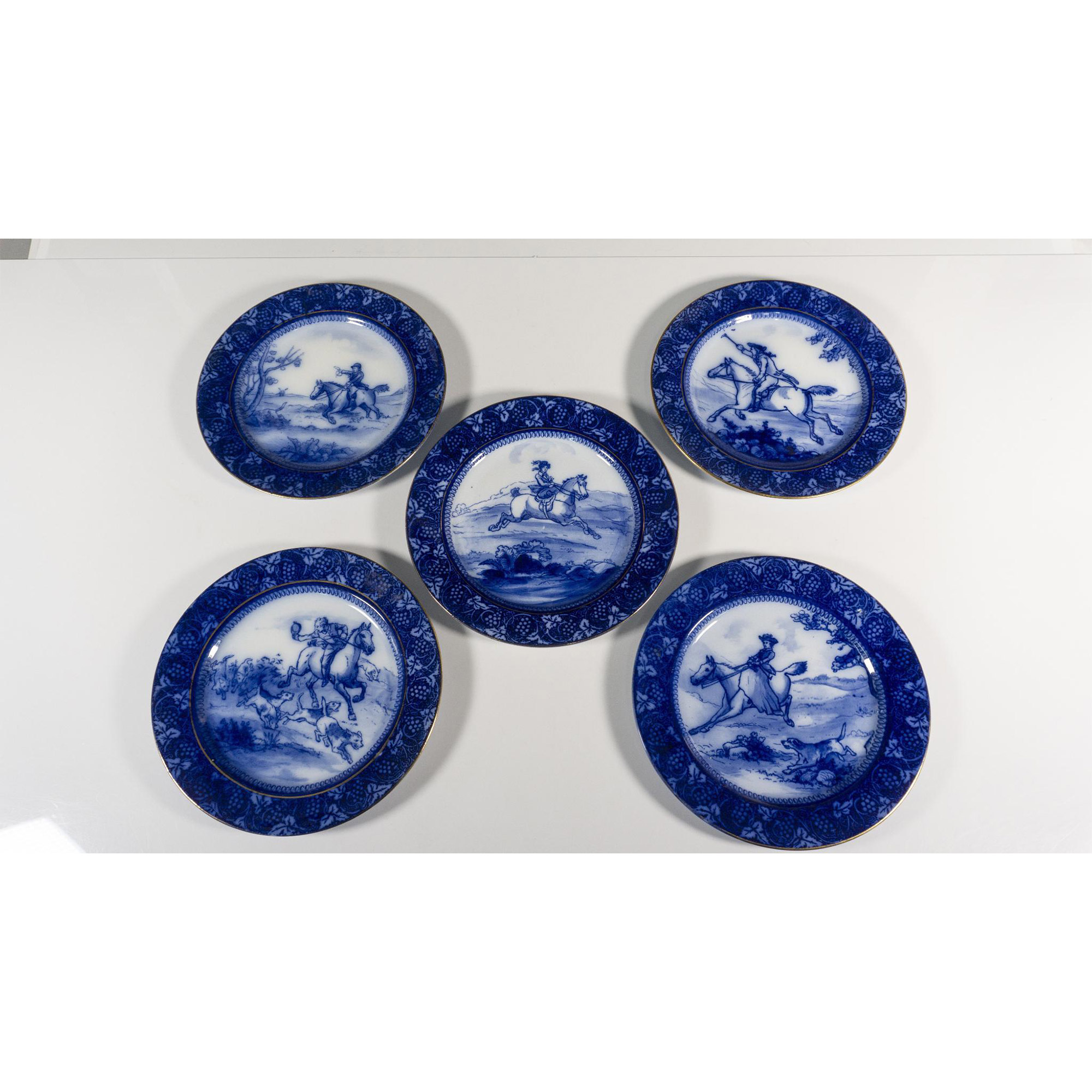 5pc Royal Doulton Flow Blue Plates, Fox Hunt Scenes - Image 2 of 3