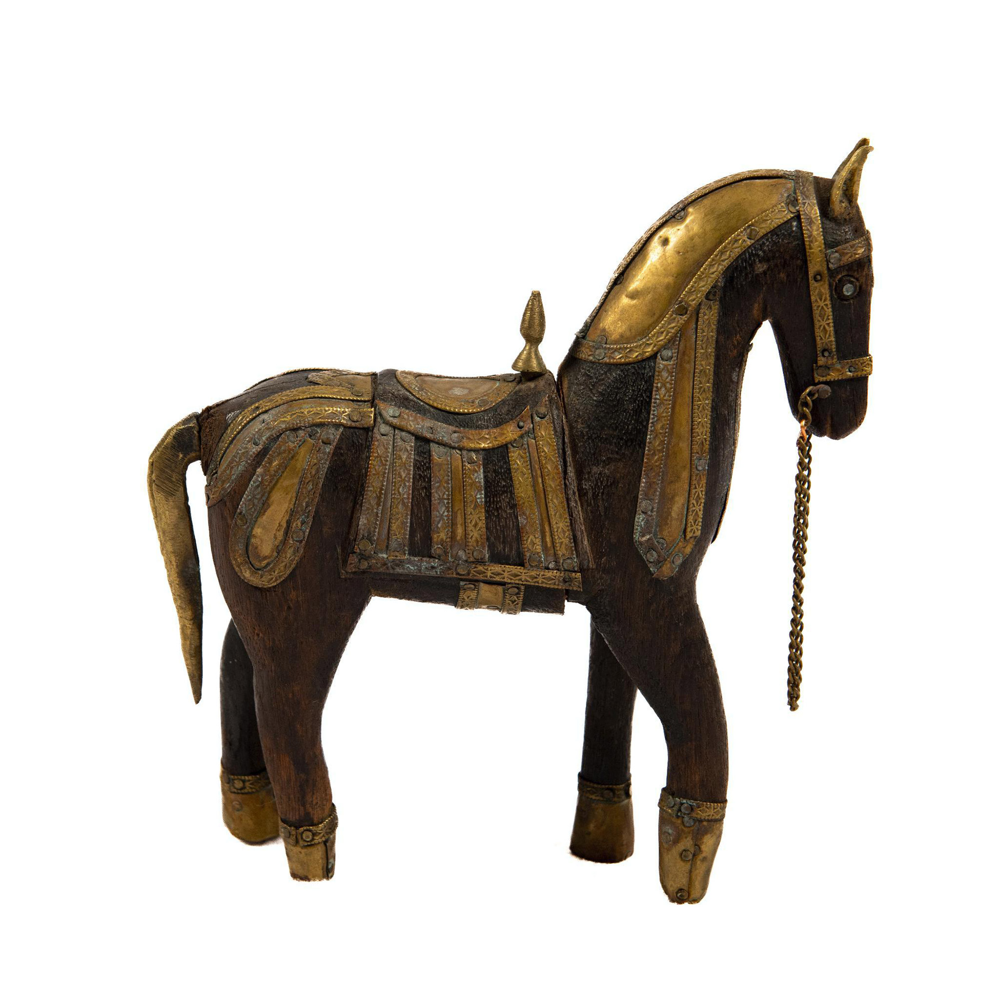 Rajasthani Wooden War Horse with Brass Accents - Image 3 of 4