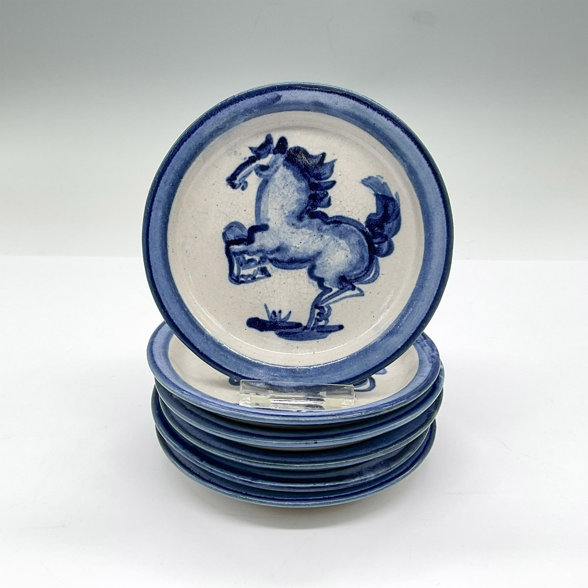 7pc Hadley Blue and White Large Bowl + Tiny Plates, Horses - Image 6 of 8