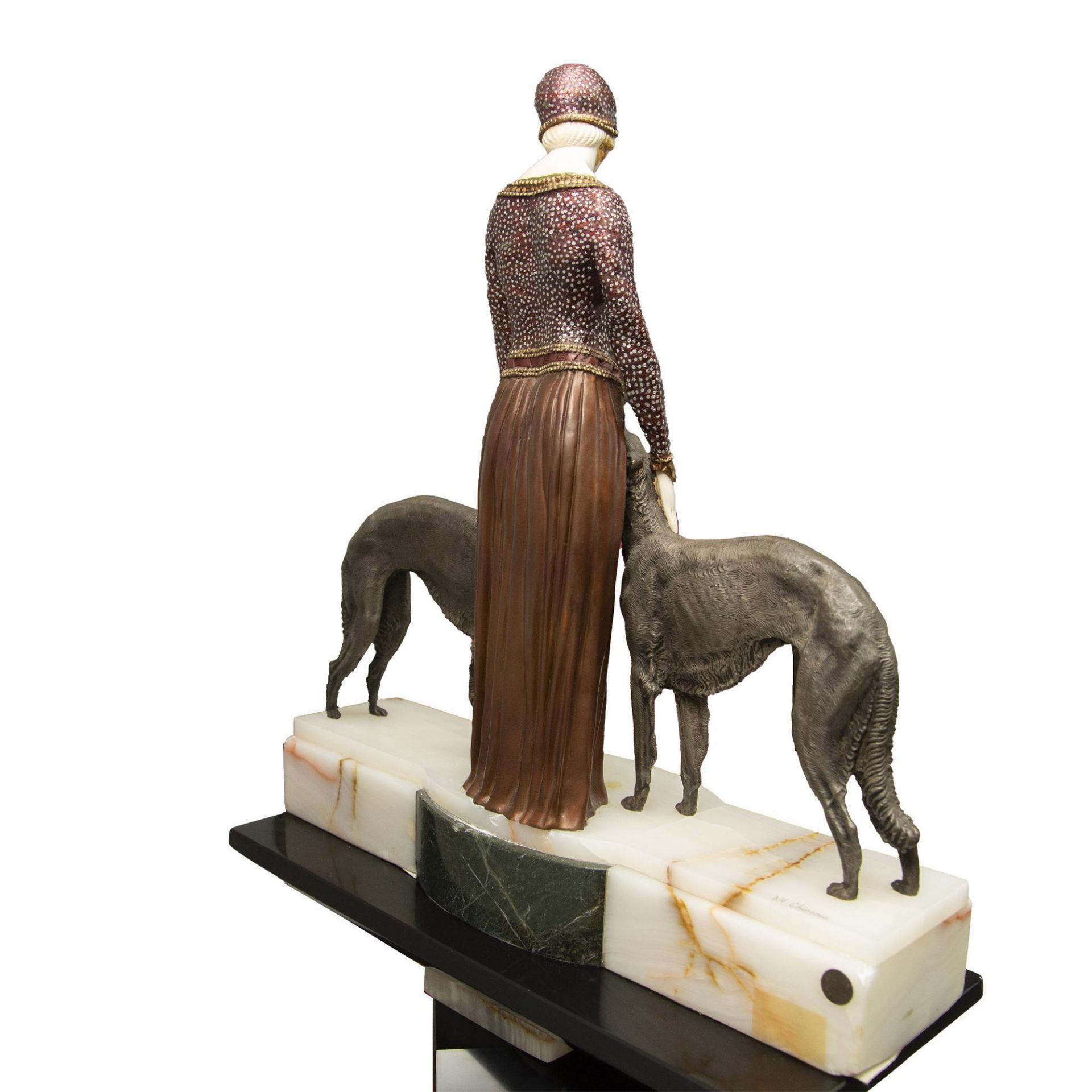 Chiparus Art Deco Bronze Woman Borzoi Dogs Sculpture - Bild 10 aus 10