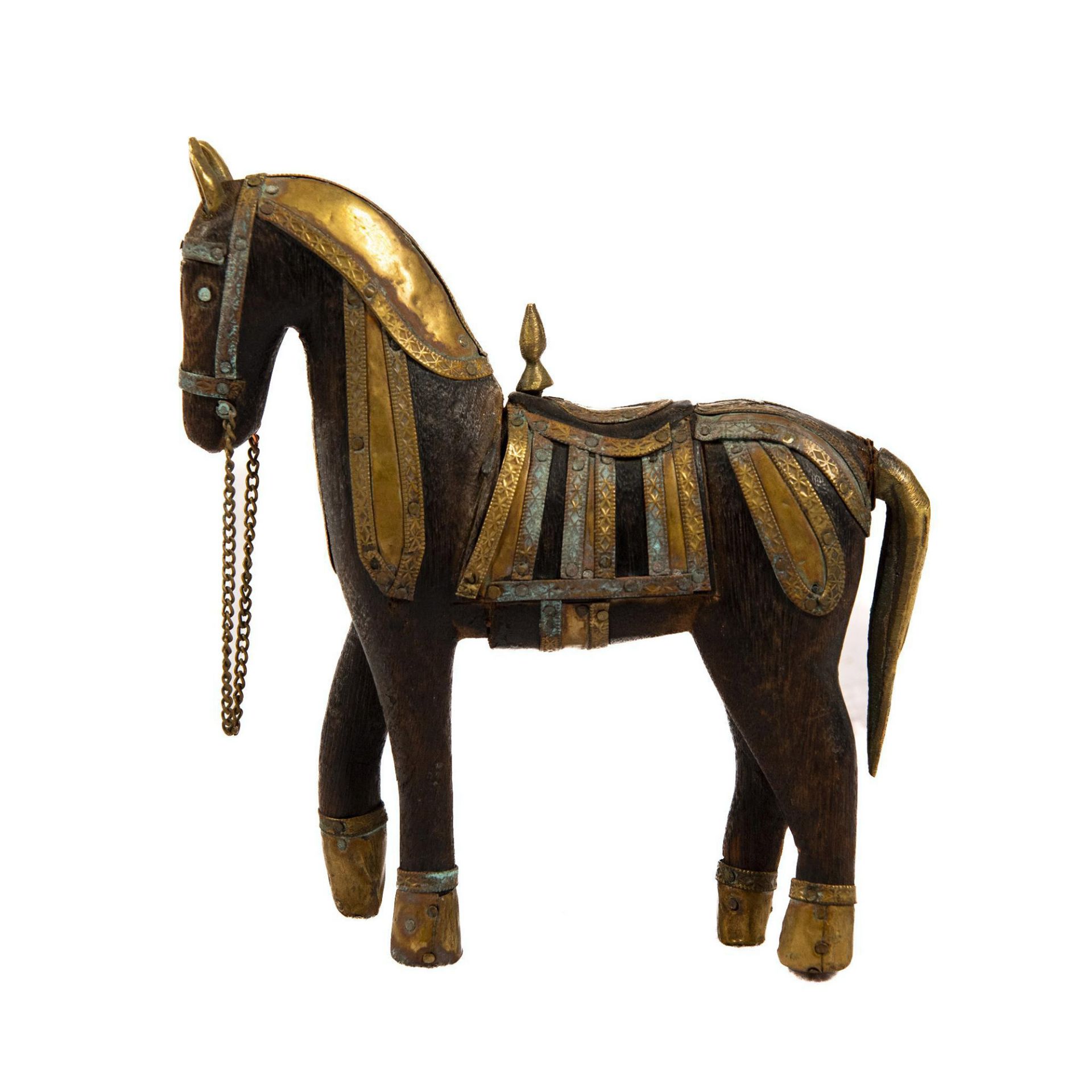 Rajasthani Wooden War Horse with Brass Accents - Image 2 of 4