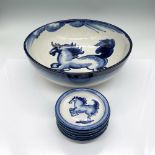 7pc Hadley Blue and White Large Bowl + Tiny Plates, Horses