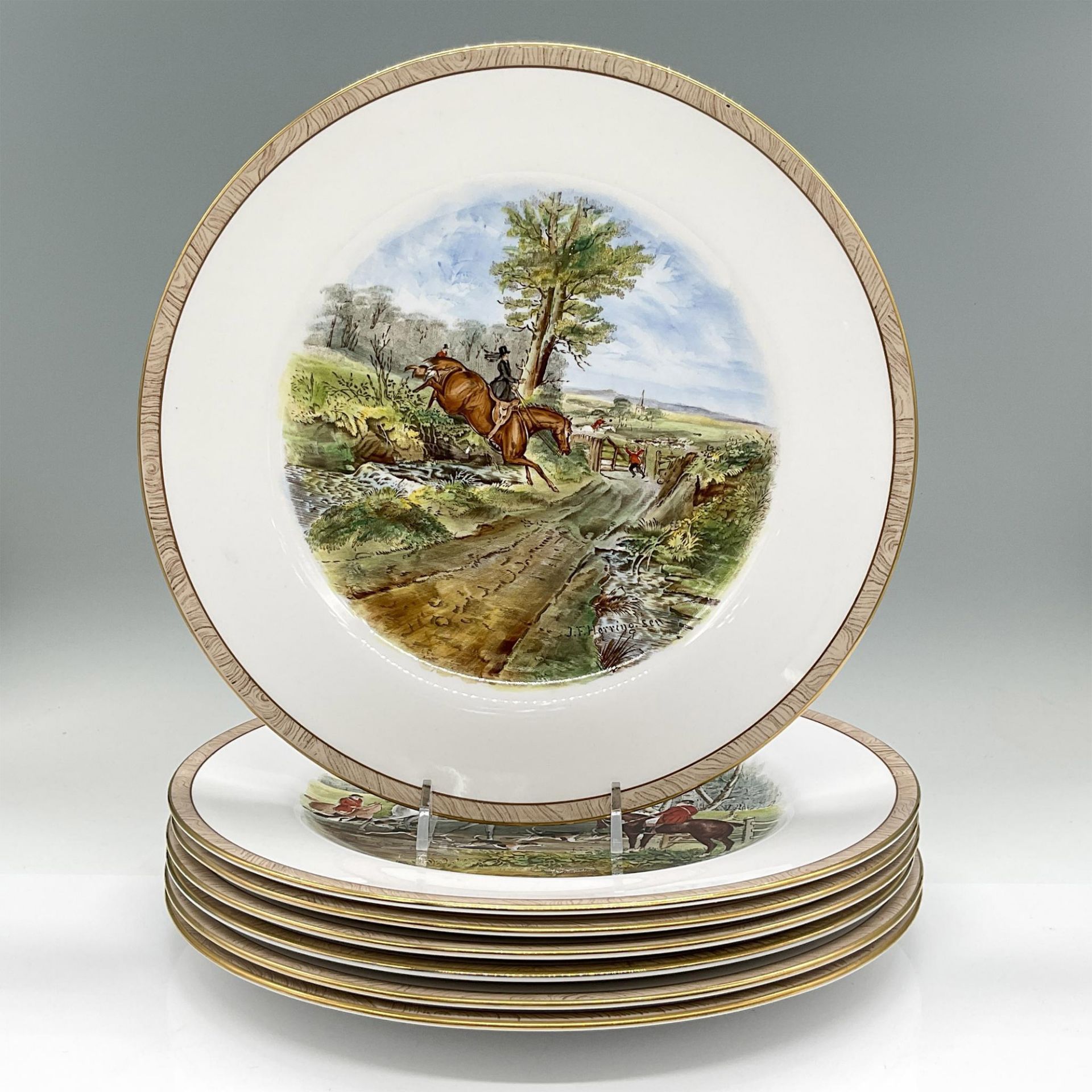 7pc Spode Salad Plates, J.F. Herring Fox-Hunt Paintings