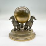 Antique Brass Inkwell, Globe With Three Seated Dogs