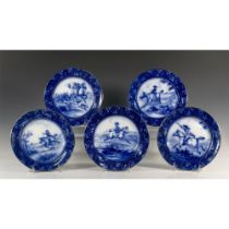 5pc Royal Doulton Flow Blue Plates, Fox Hunt Scenes