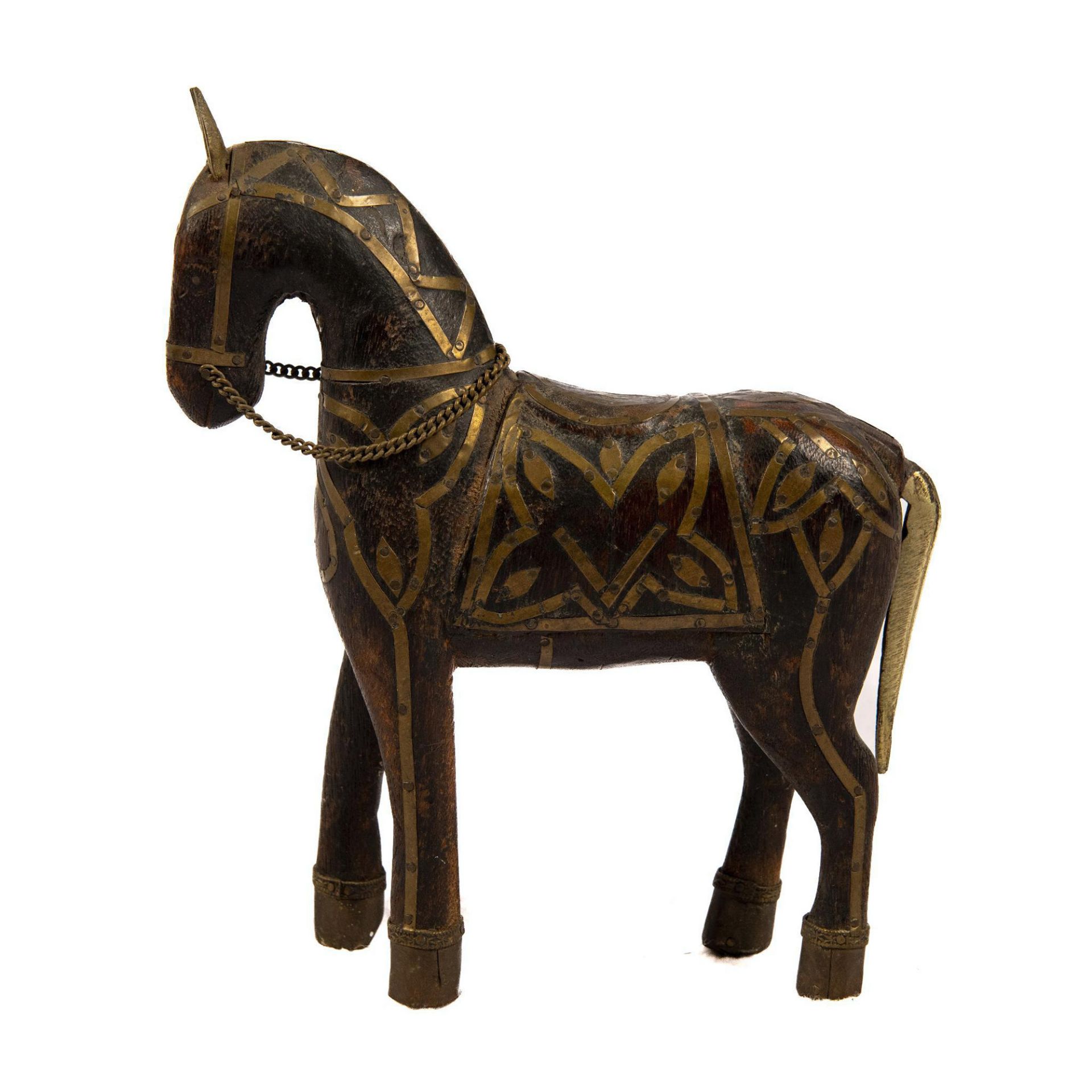Rajasthani Indian Wooden War Horse, Brass Inlay - Image 2 of 4