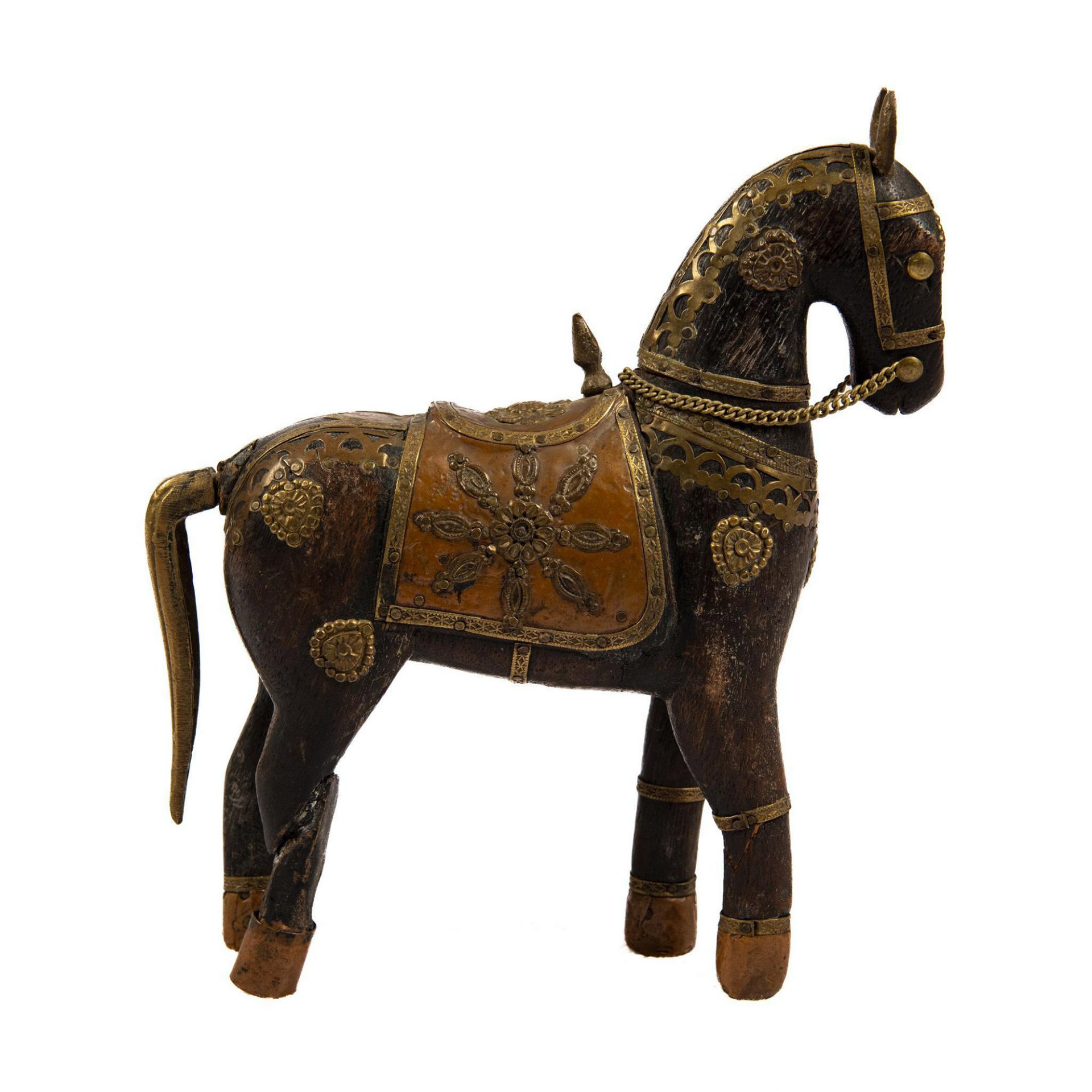 Rajasthani Indian Wooden War Horse, Brass & Copper Accents - Image 3 of 4