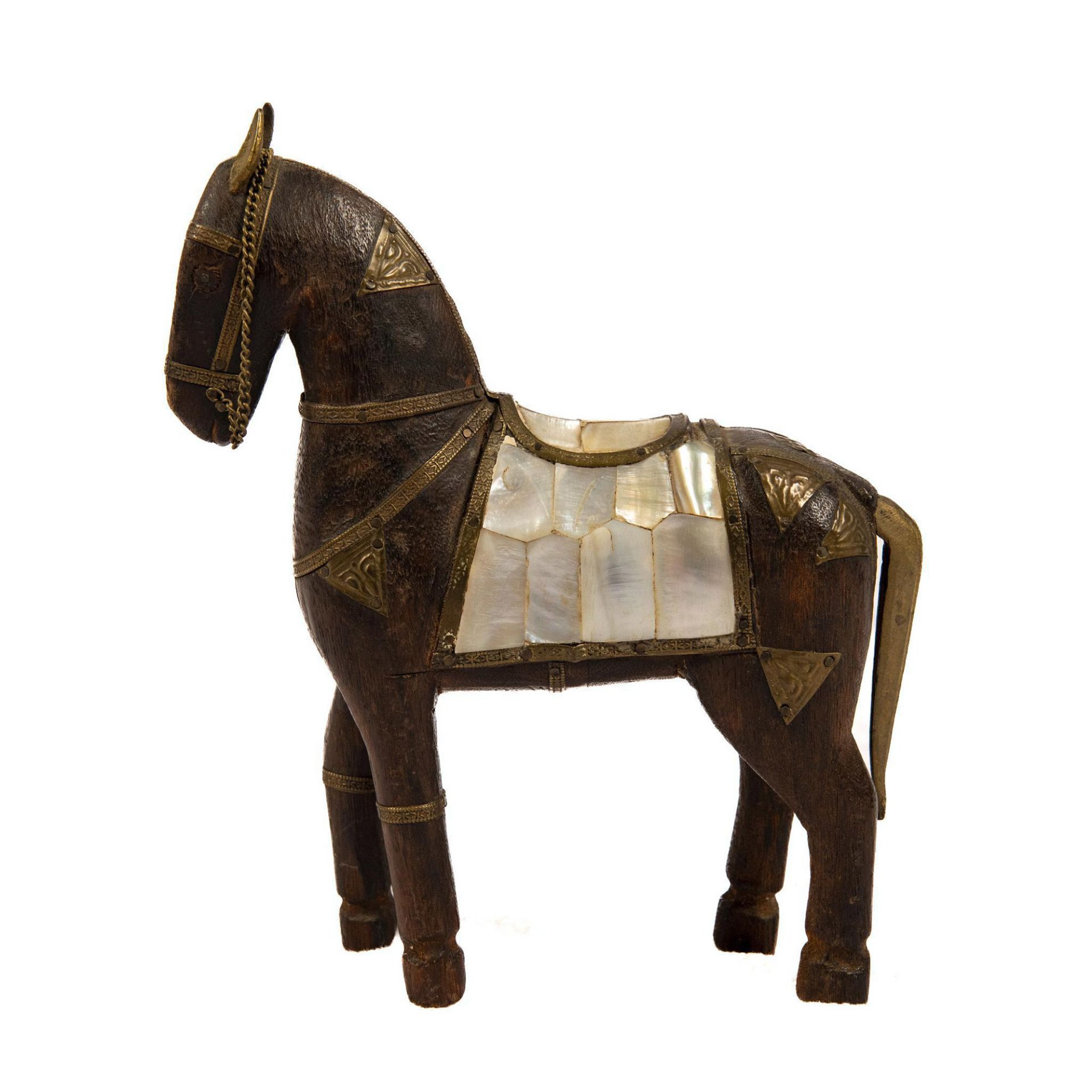 Vintage Wood, Brass, & Mother-of-Pearl War Horse Carving - Image 2 of 4