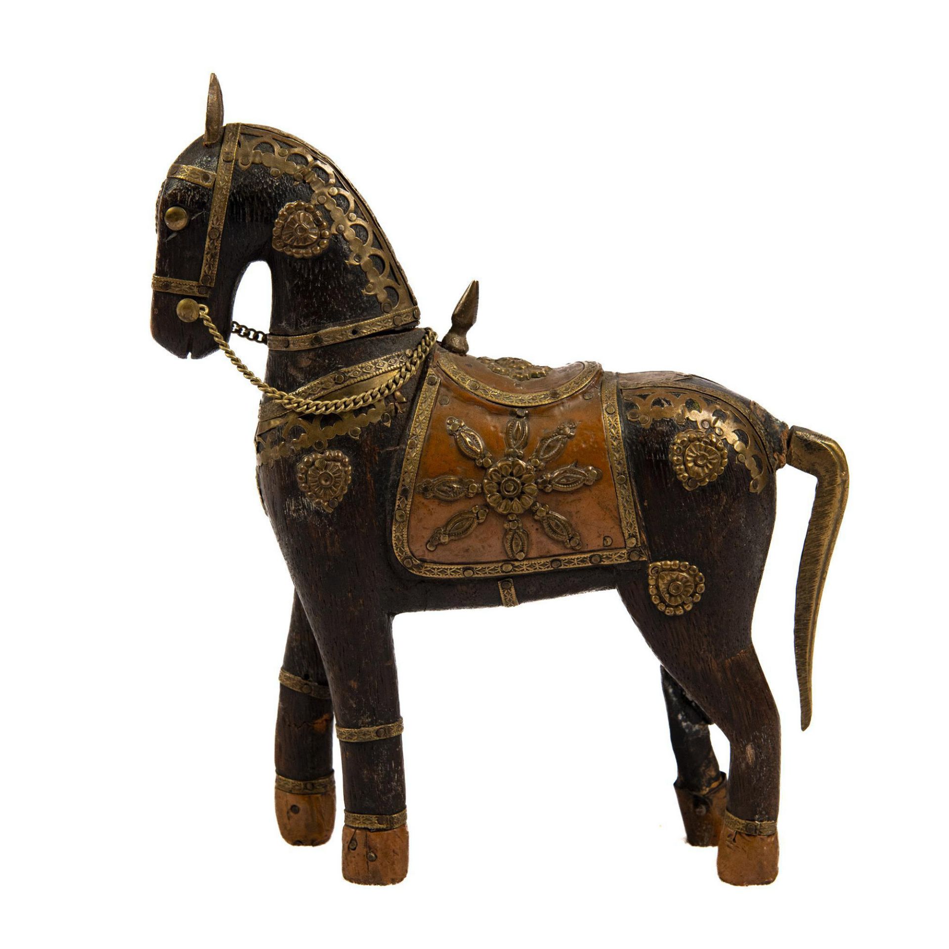 Rajasthani Indian Wooden War Horse, Brass & Copper Accents - Image 2 of 4
