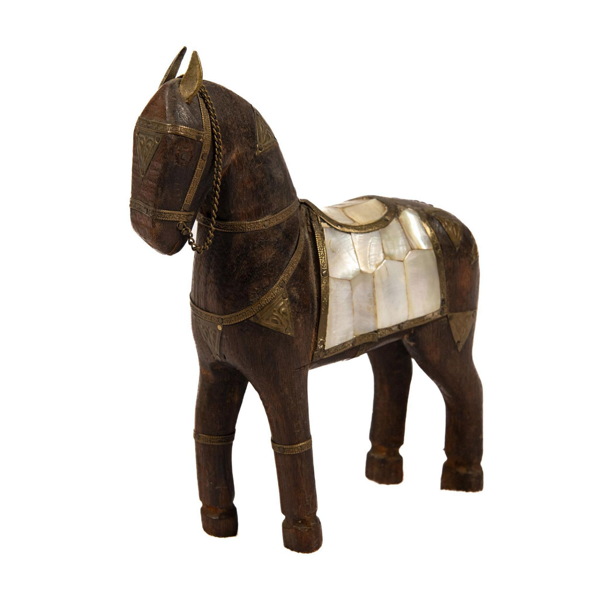 Vintage Wood, Brass, & Mother-of-Pearl War Horse Carving