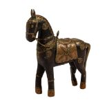 Rajasthani Indian Wooden War Horse, Brass & Copper Accents