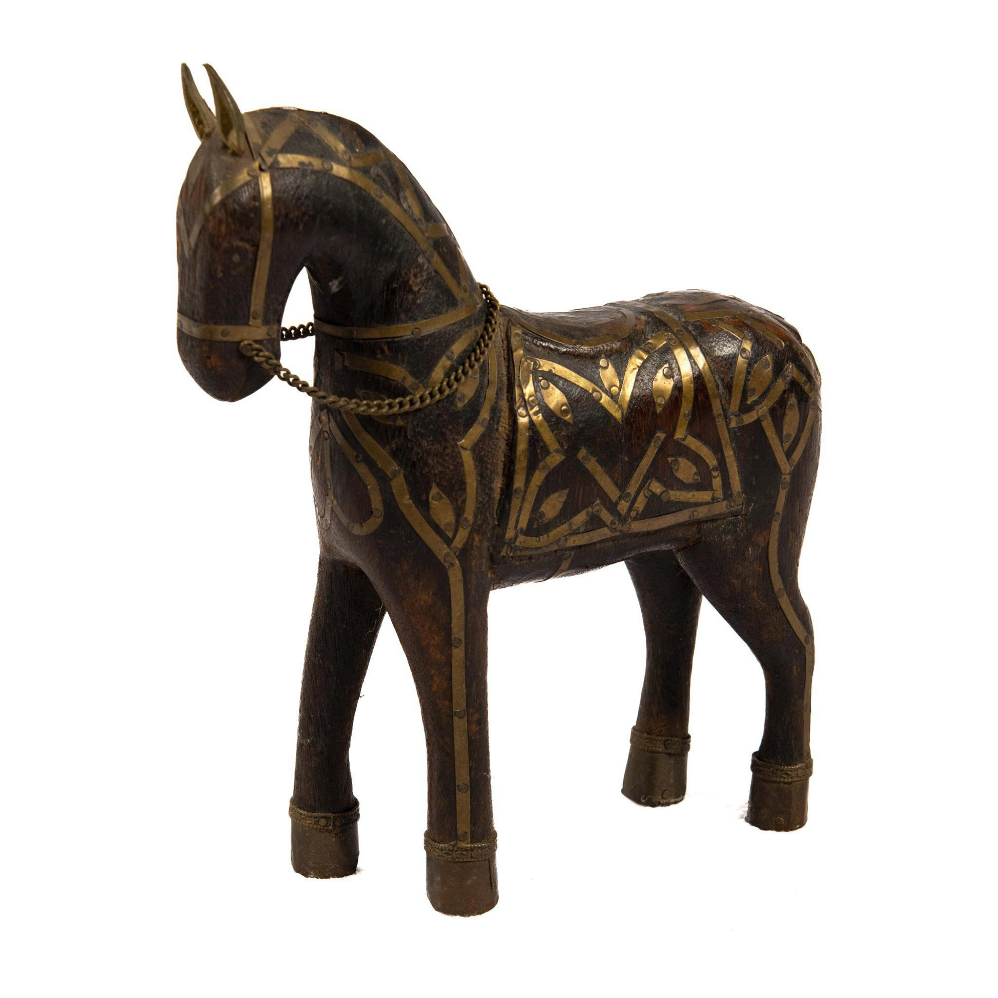 Rajasthani Indian Wooden War Horse, Brass Inlay