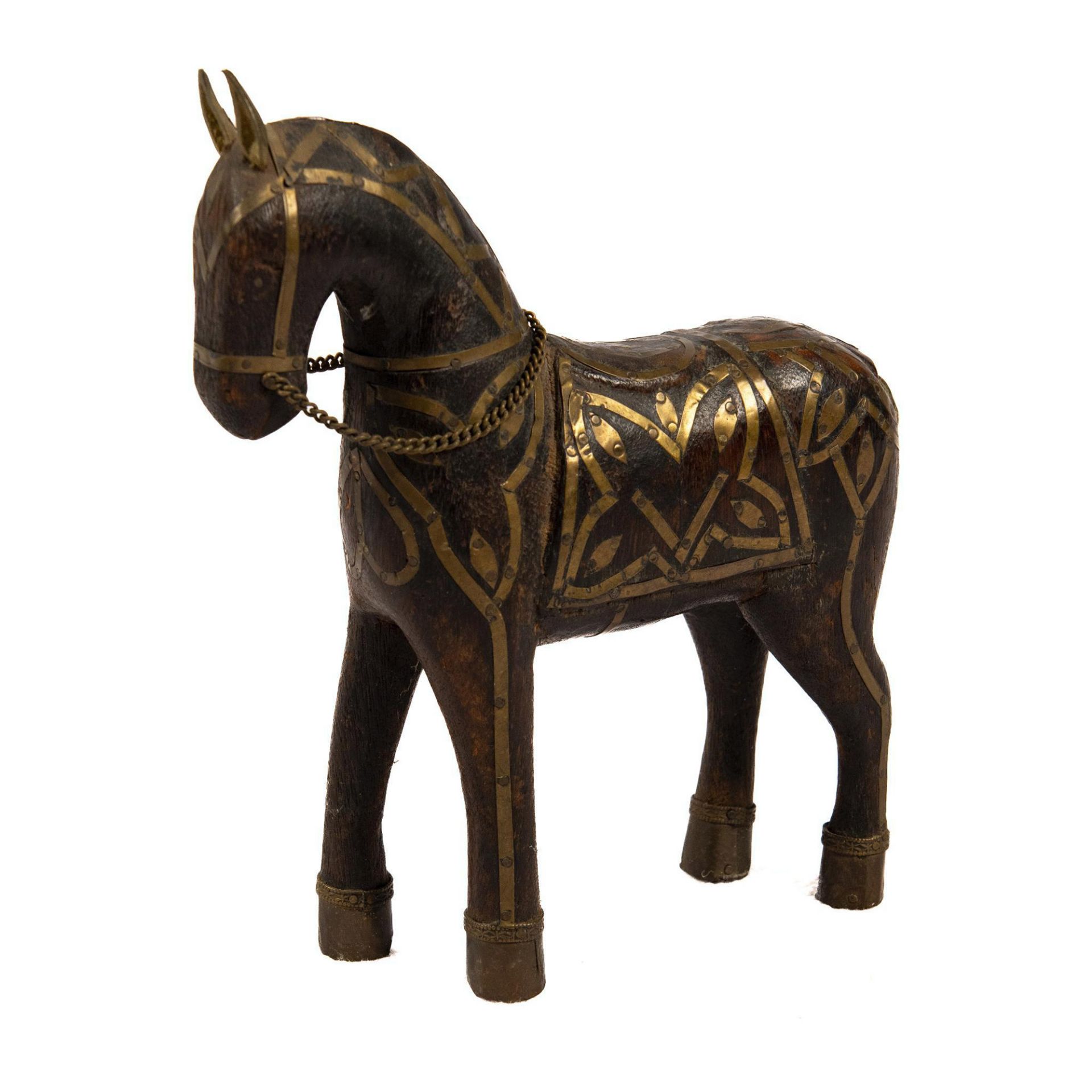 Rajasthani Indian Wooden War Horse, Brass Inlay