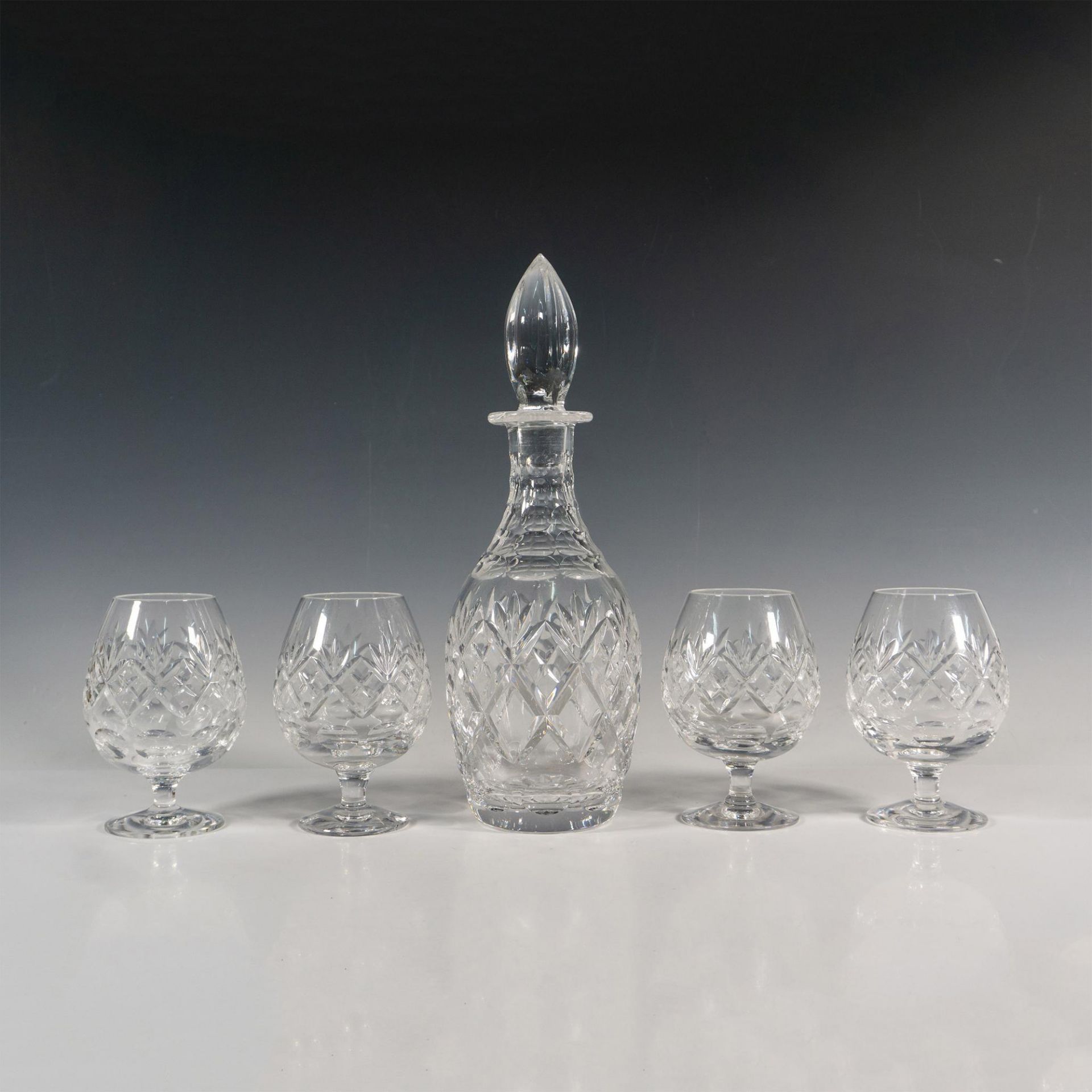 5pc Royal Doulton Crystal Brandy Glasses + Decanter