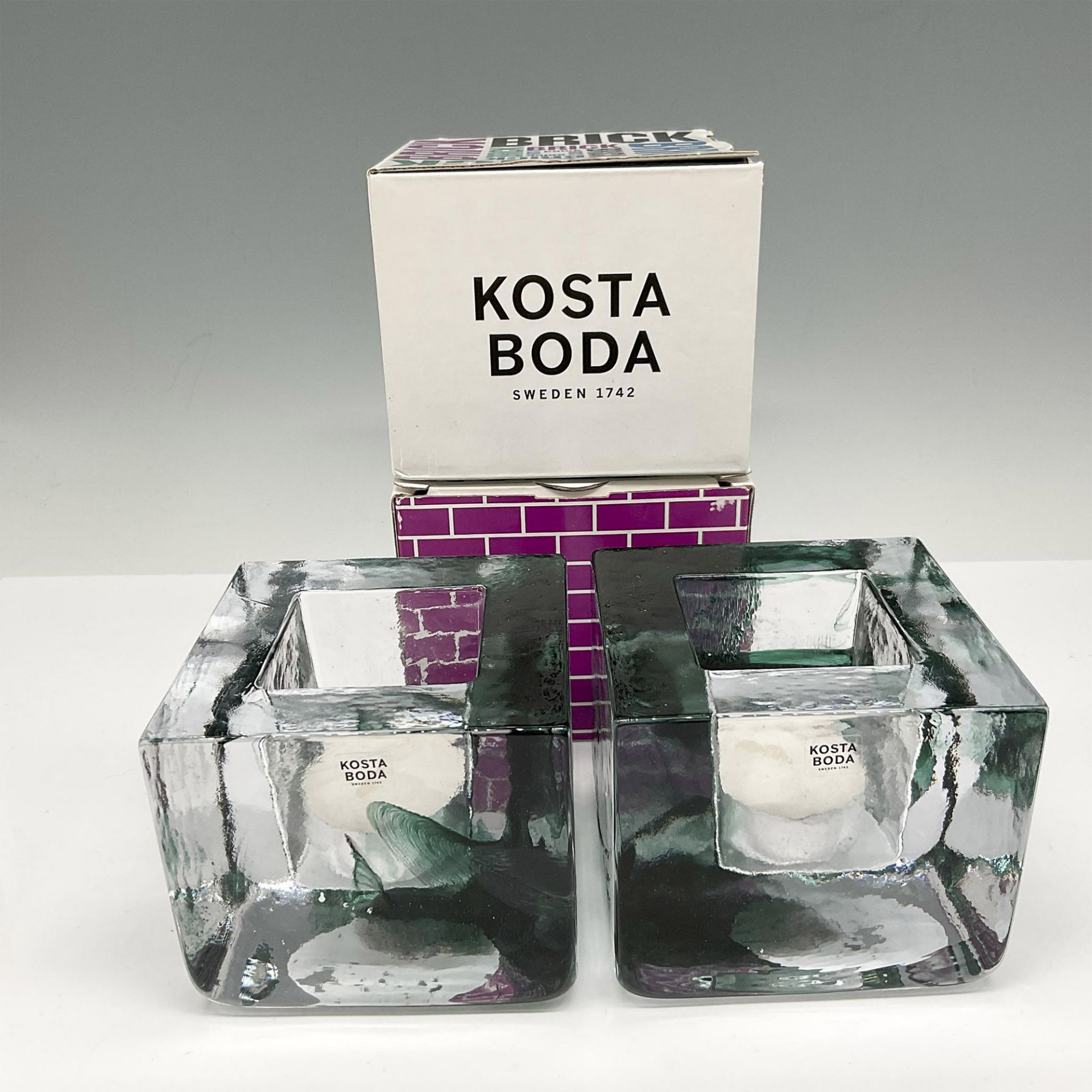 Pair of Kosta Boda Art Glass Brick Votives, Green - Image 4 of 4