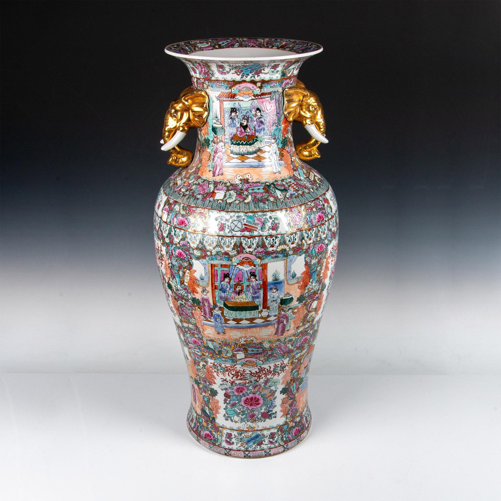 Chinese Porcelain Rose Medallion Vase with Gilt Handles on Wooden Base - Image 10 of 20