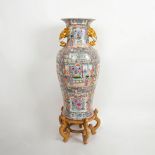 Chinese Porcelain Rose Medallion Vase with Gilt Handles on Wooden Base