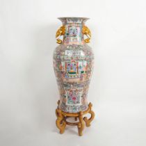 Chinese Porcelain Rose Medallion Vase with Gilt Handles on Wooden Base