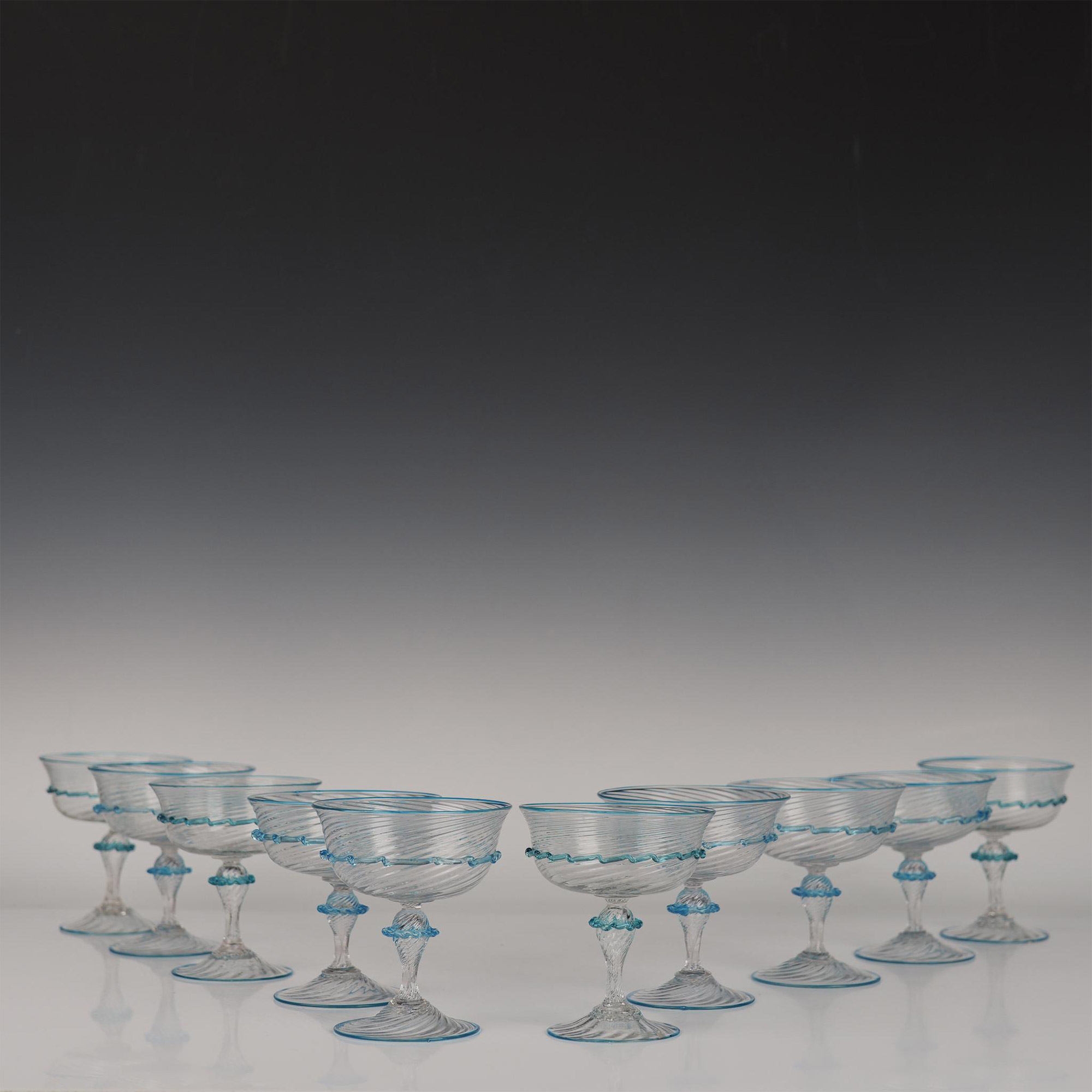 10pc Murano Venetian Coupe Glasses w/Applied Rigaree - Image 3 of 4