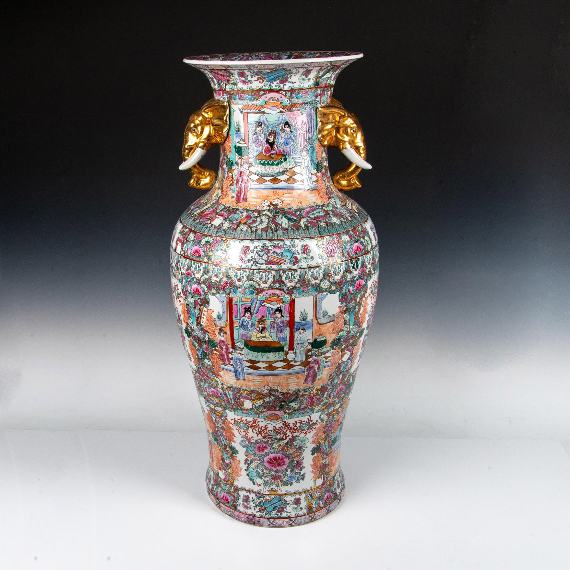 Chinese Porcelain Rose Medallion Vase with Gilt Handles on Wooden Base - Image 16 of 20