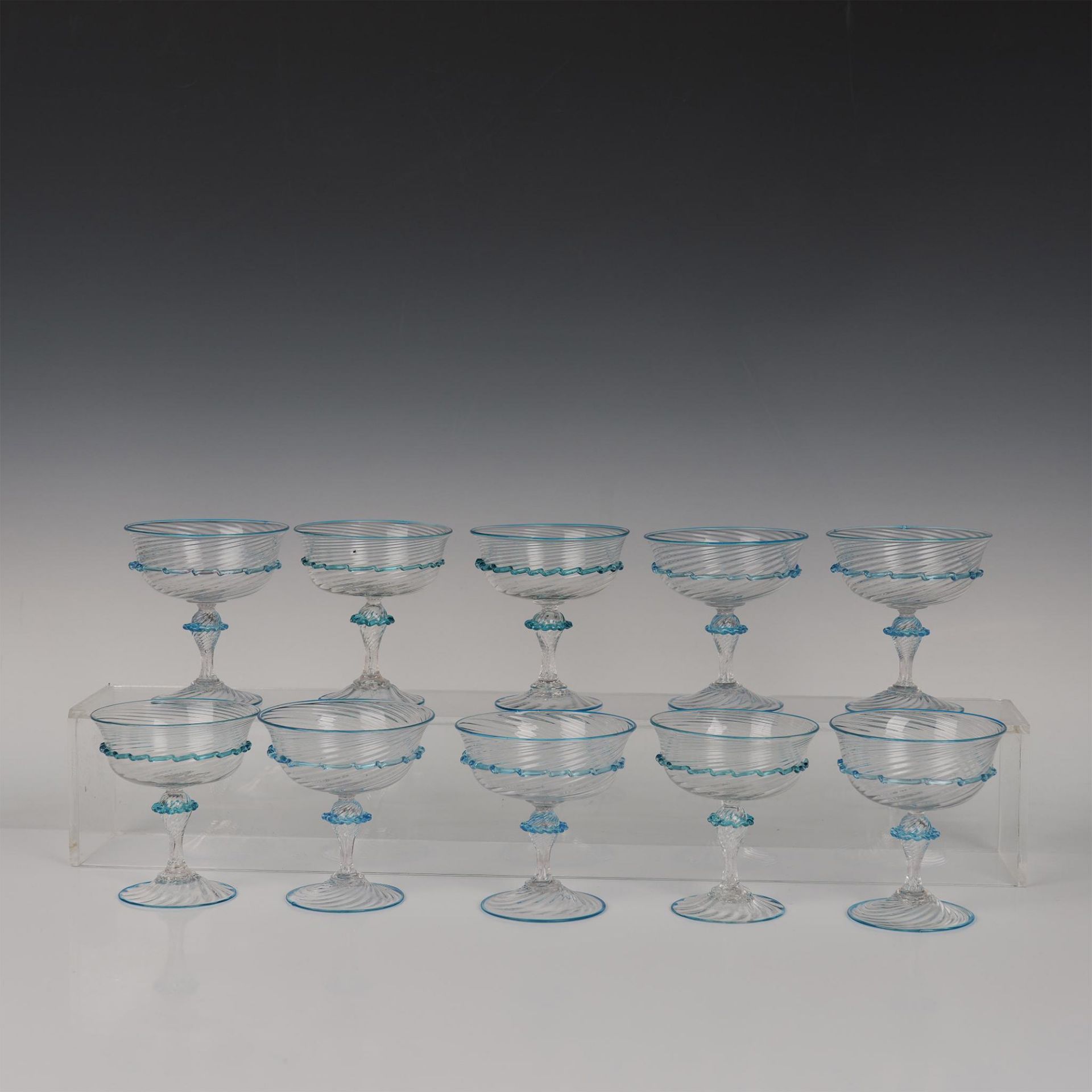 10pc Murano Venetian Coupe Glasses w/Applied Rigaree