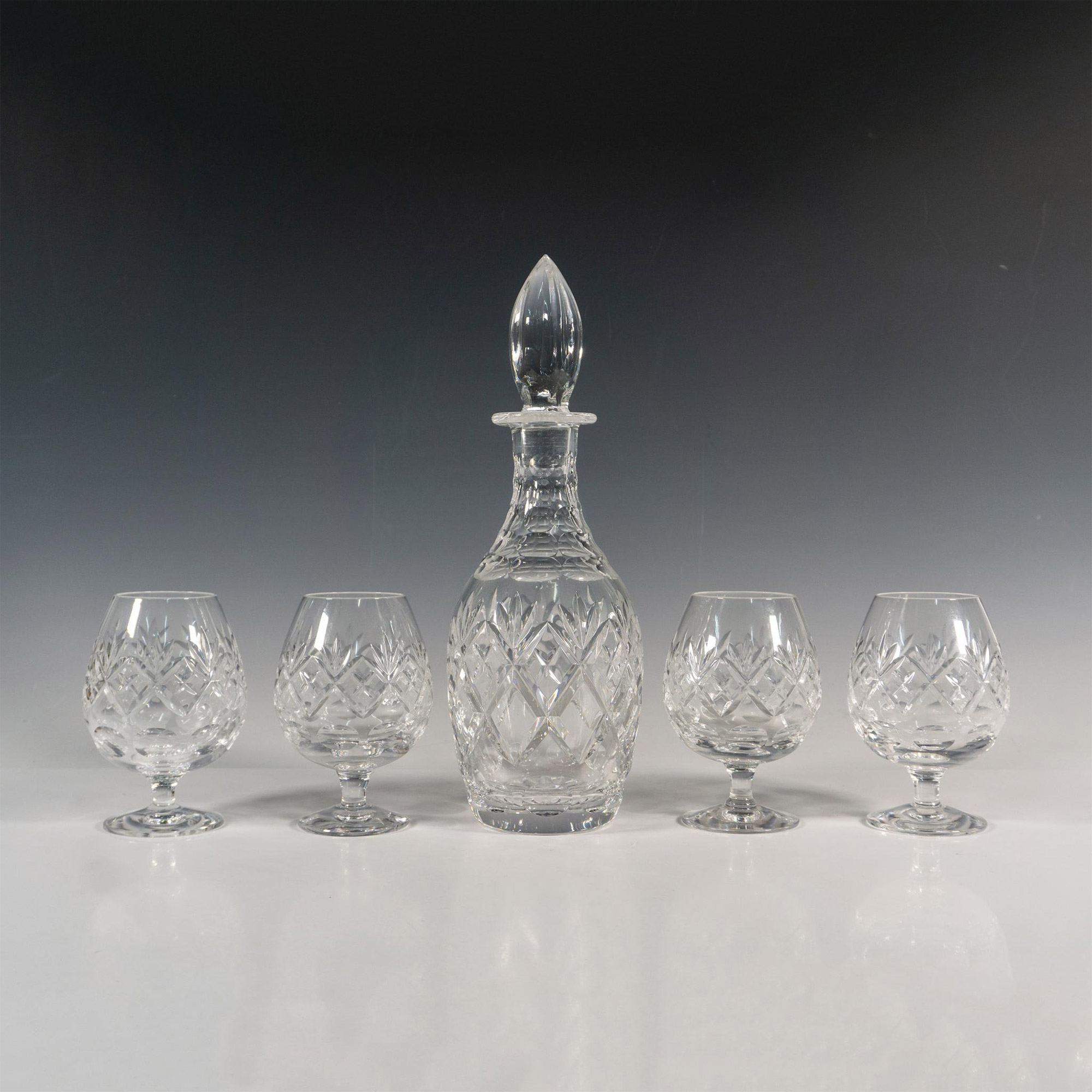 5pc Royal Doulton Crystal Brandy Glasses + Decanter - Image 2 of 4