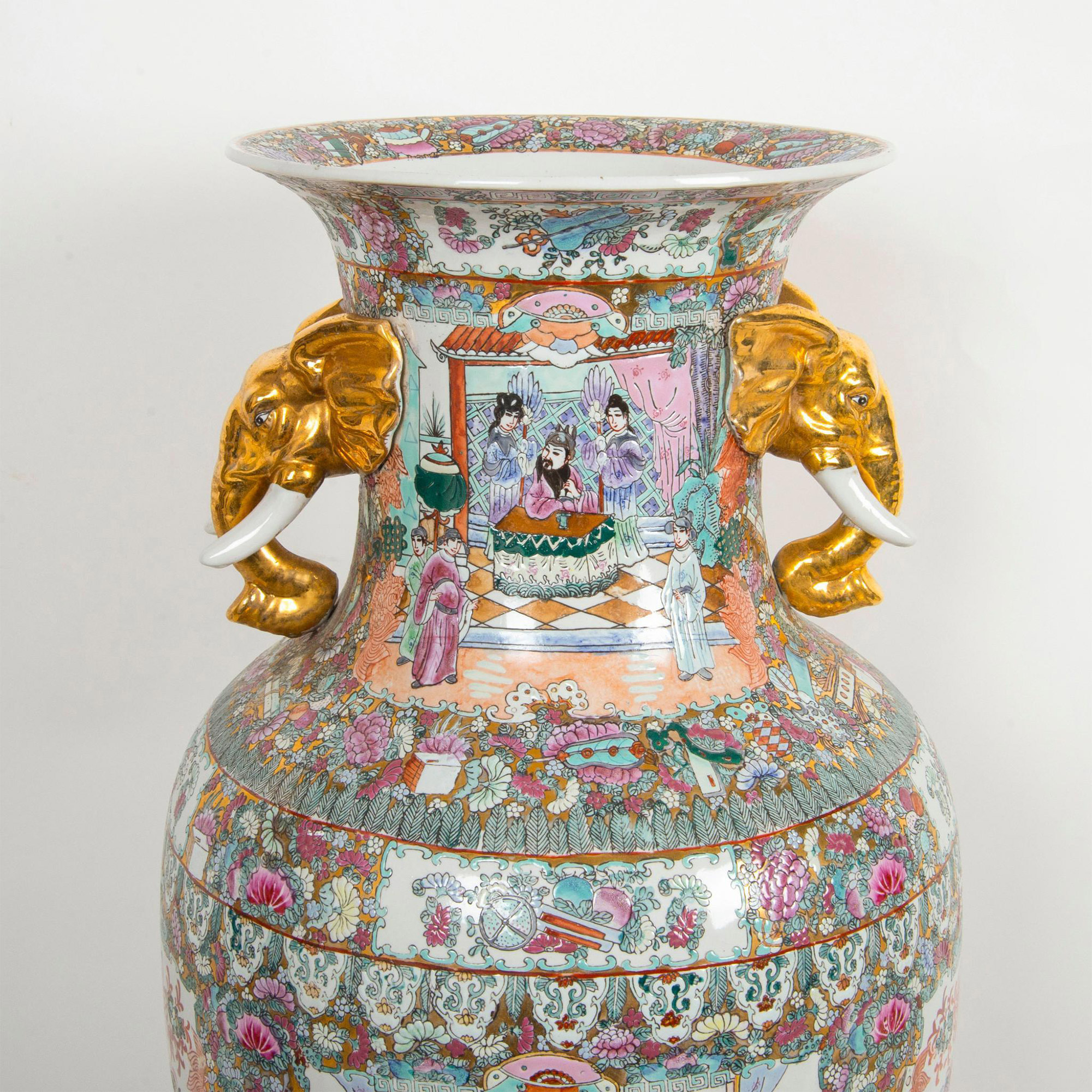 Chinese Porcelain Rose Medallion Vase with Gilt Handles on Wooden Base - Image 2 of 20