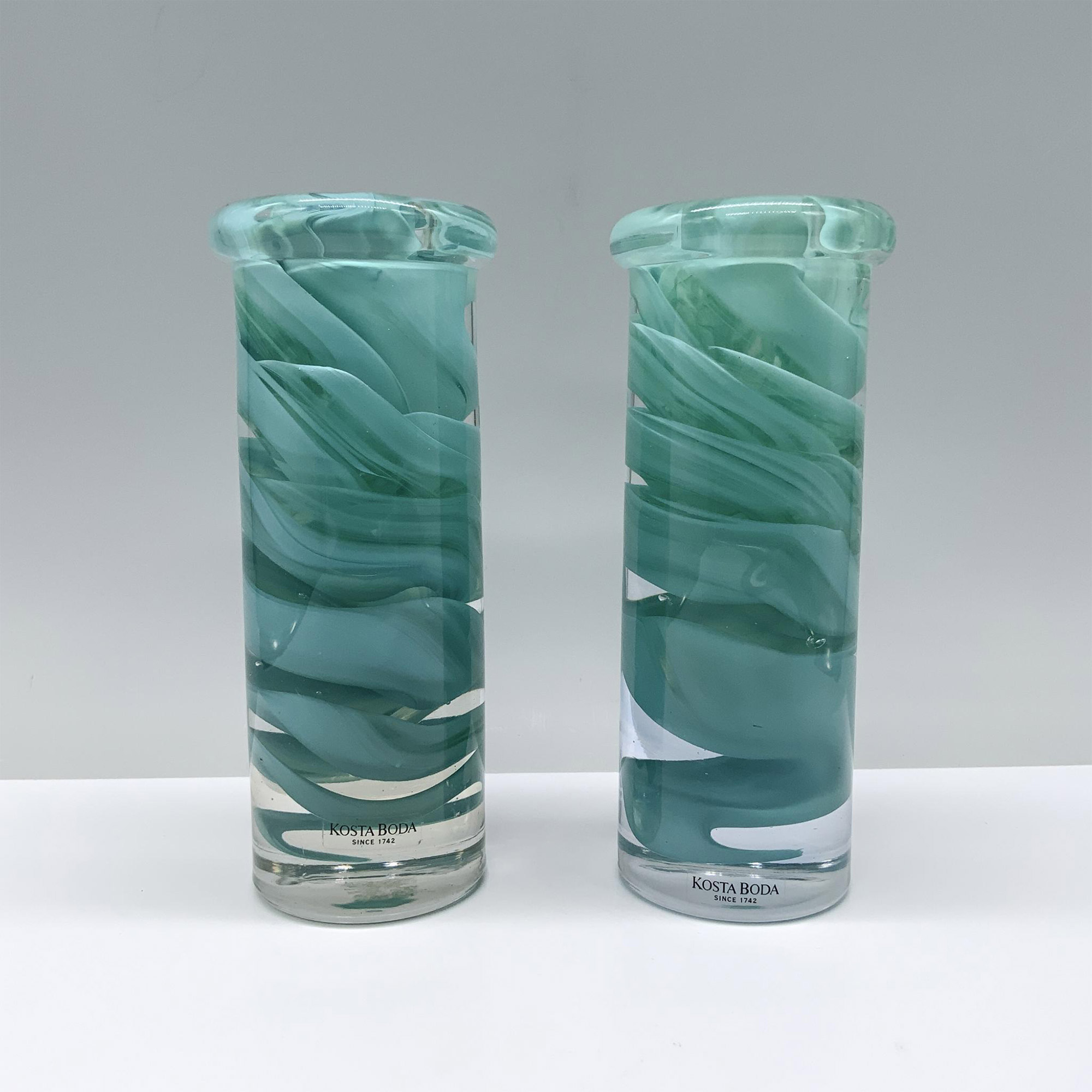 2pc Anna Ehrner for Kosta Boda Atoll Candlesticks, Teal