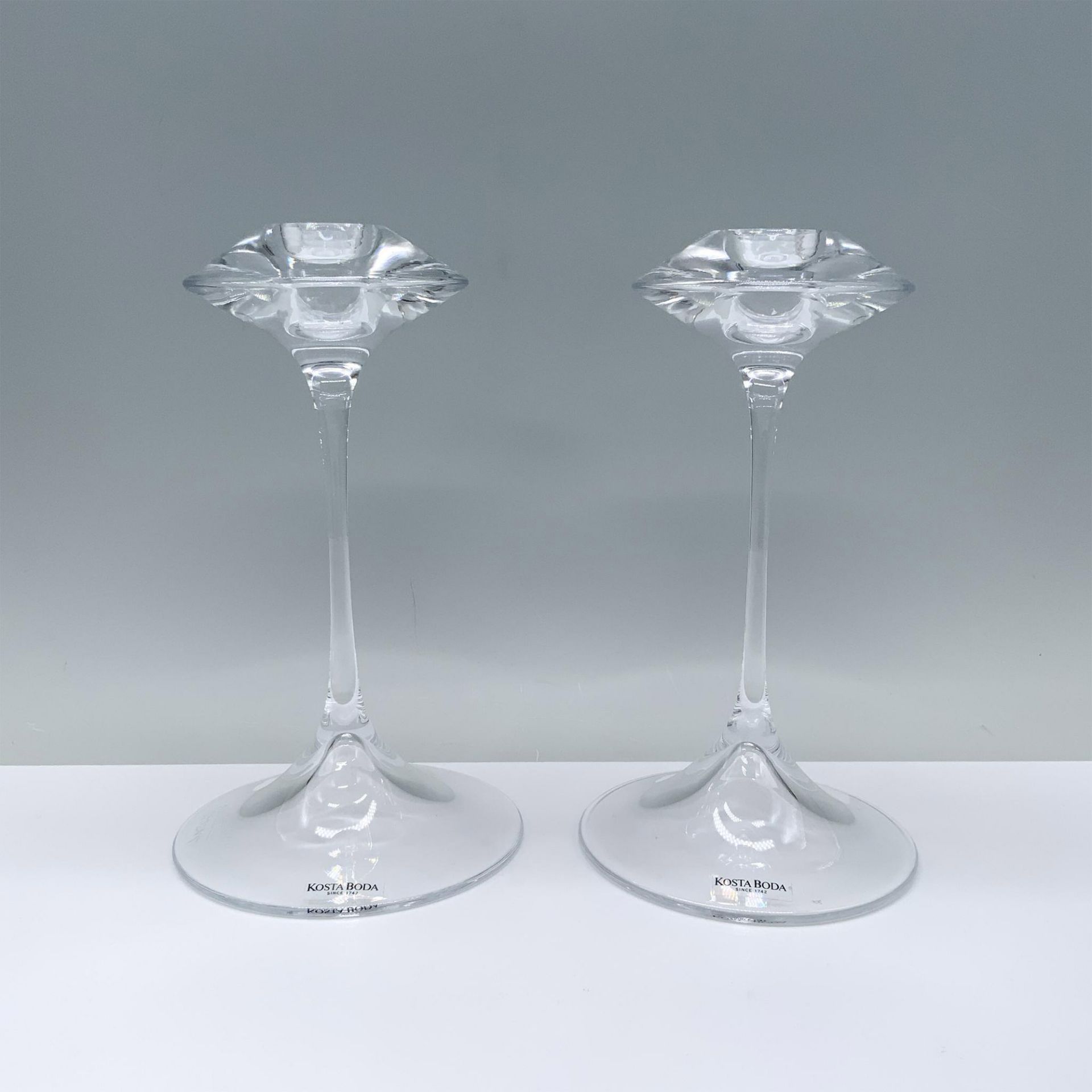 2pc Kosta Boda Crystal Candlesticks, Fanfare