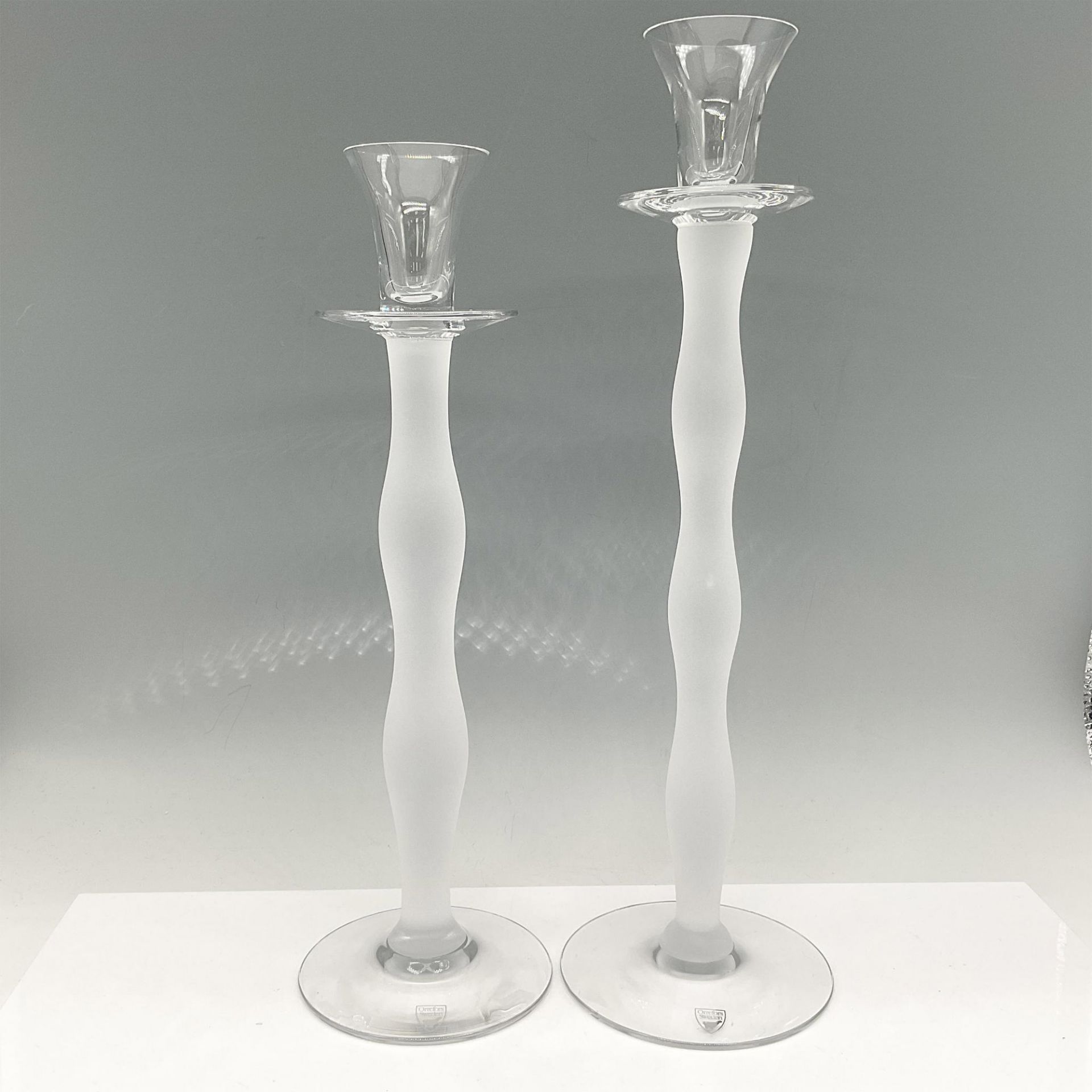 2pc Orrefors Crystal Frosted White Candle Holders, Celeste