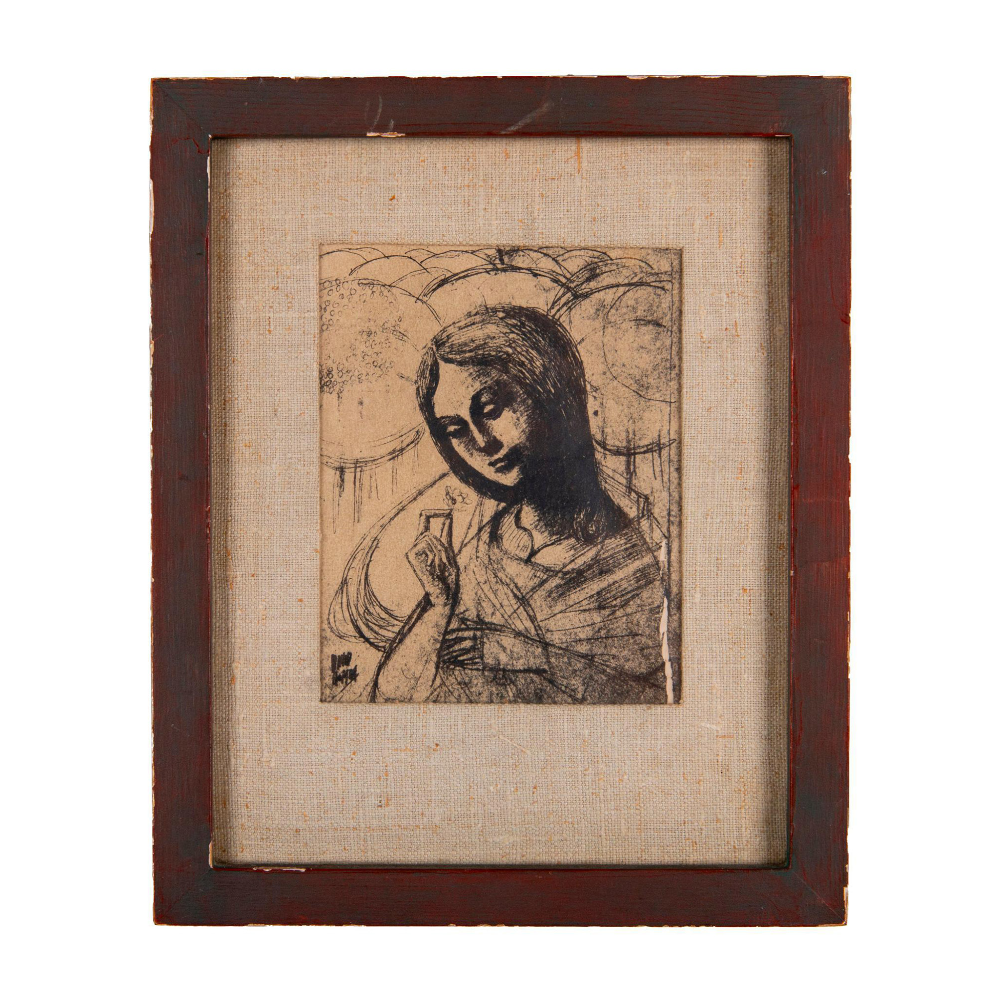 Original Etching on thick paper, Woman with Flower, Signed