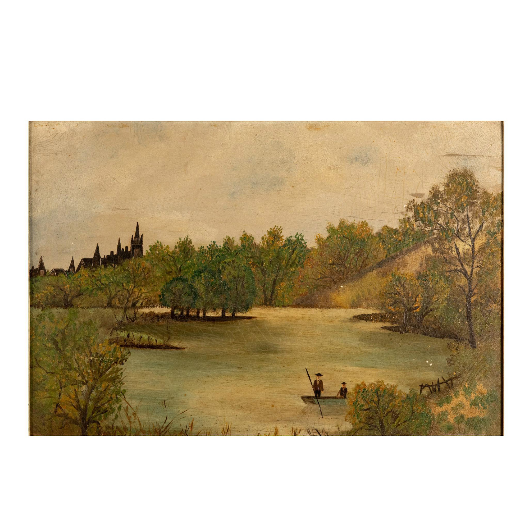 Antique Original Oil on Board, Naive Folk Art Landscape - Image 2 of 6